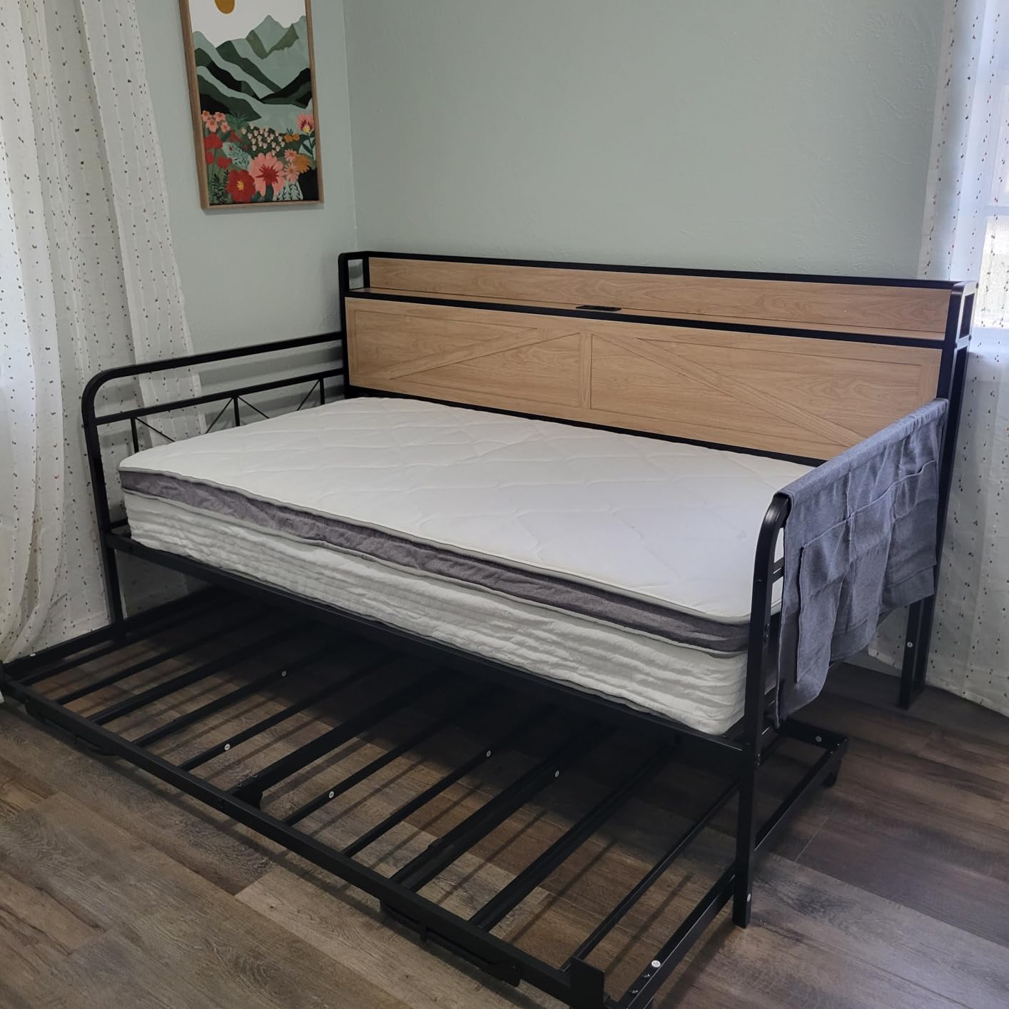 LIKIMIO Twin Daybed with Pop Up Trundle & Charging Station & Storage Shelf | Pop Up Trundle with Smooth Wheels, Strong Supports for Apartment and Small Space, Wood Color customer photo 1