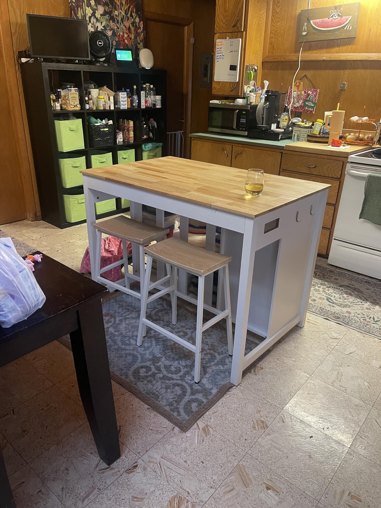 DynJest Kitchen Island with Storage and Seating Include 2 Bar Stools, Black | 47