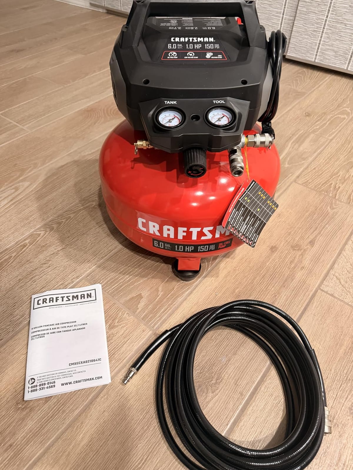 CRAFTSMAN 6-Gal 150 PSI Oil-Free Pancake Air Compressor with 25-ft Hose | 2.6 SCFM at 90 PSI with Dual Couplers for Nailers, Tire Inflation, and Woodworking customer photo 2