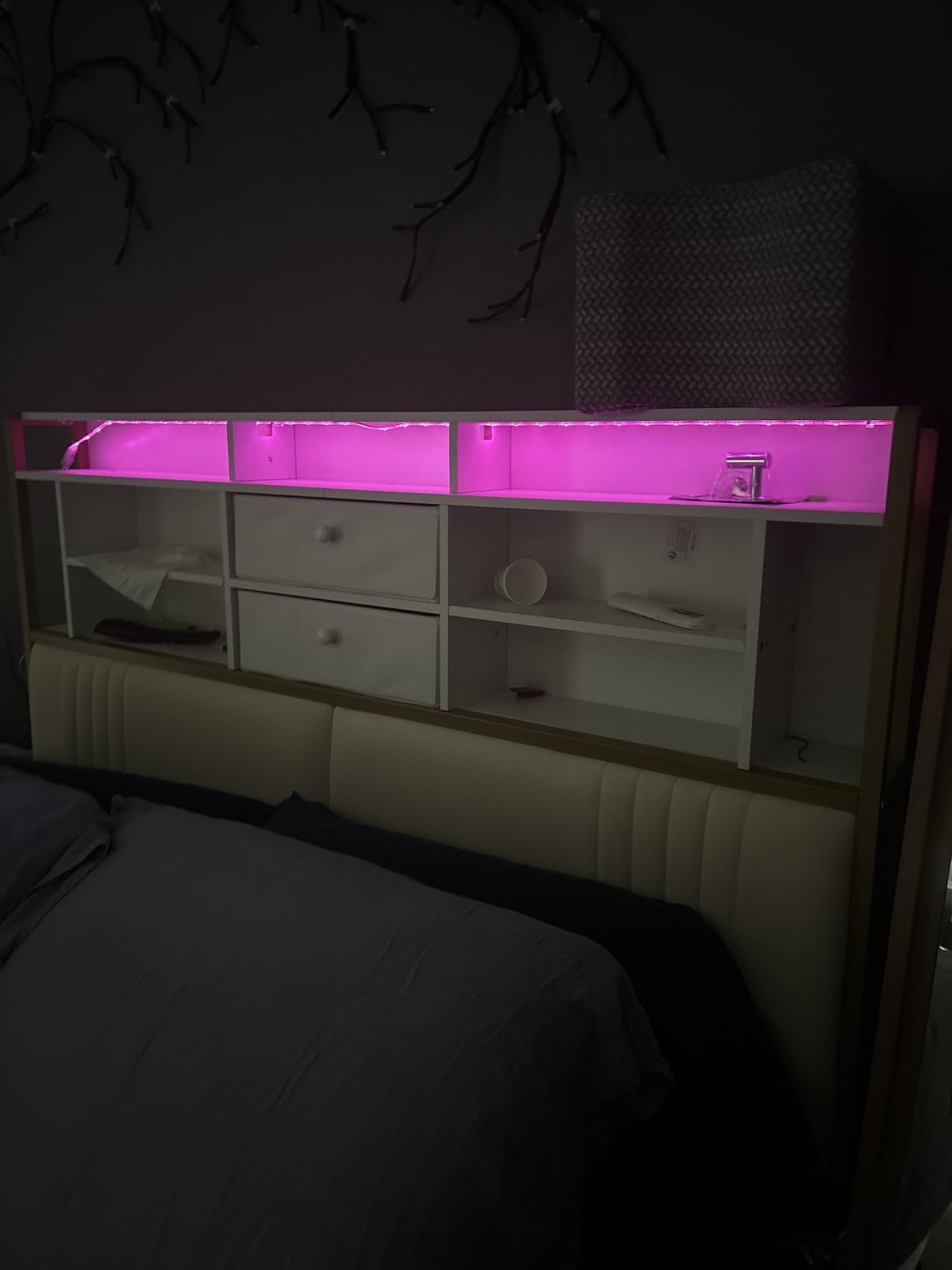 Hzuaneri Headboard with 3-Tier Storage Shelves, Queen Size | Velvet Upholstered Headboard with Outlet, 2 USB Ports & LED Light, Headboards with 2 Drawers, Black and Dark Gray, BH42004B customer photo 1