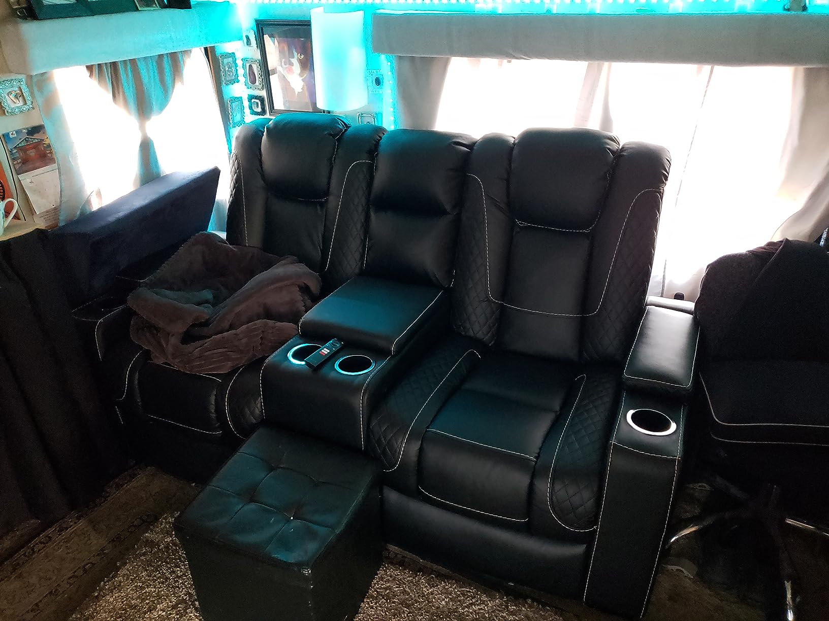 Home Theater Seating Set of 4, Faux Leather Electric Power Recliner Chair with Ambient Lighting, Power Headrest, Lumbar Support, Cup Holders, Hidden Arm Storage, USB Ports, Black customer photo 1