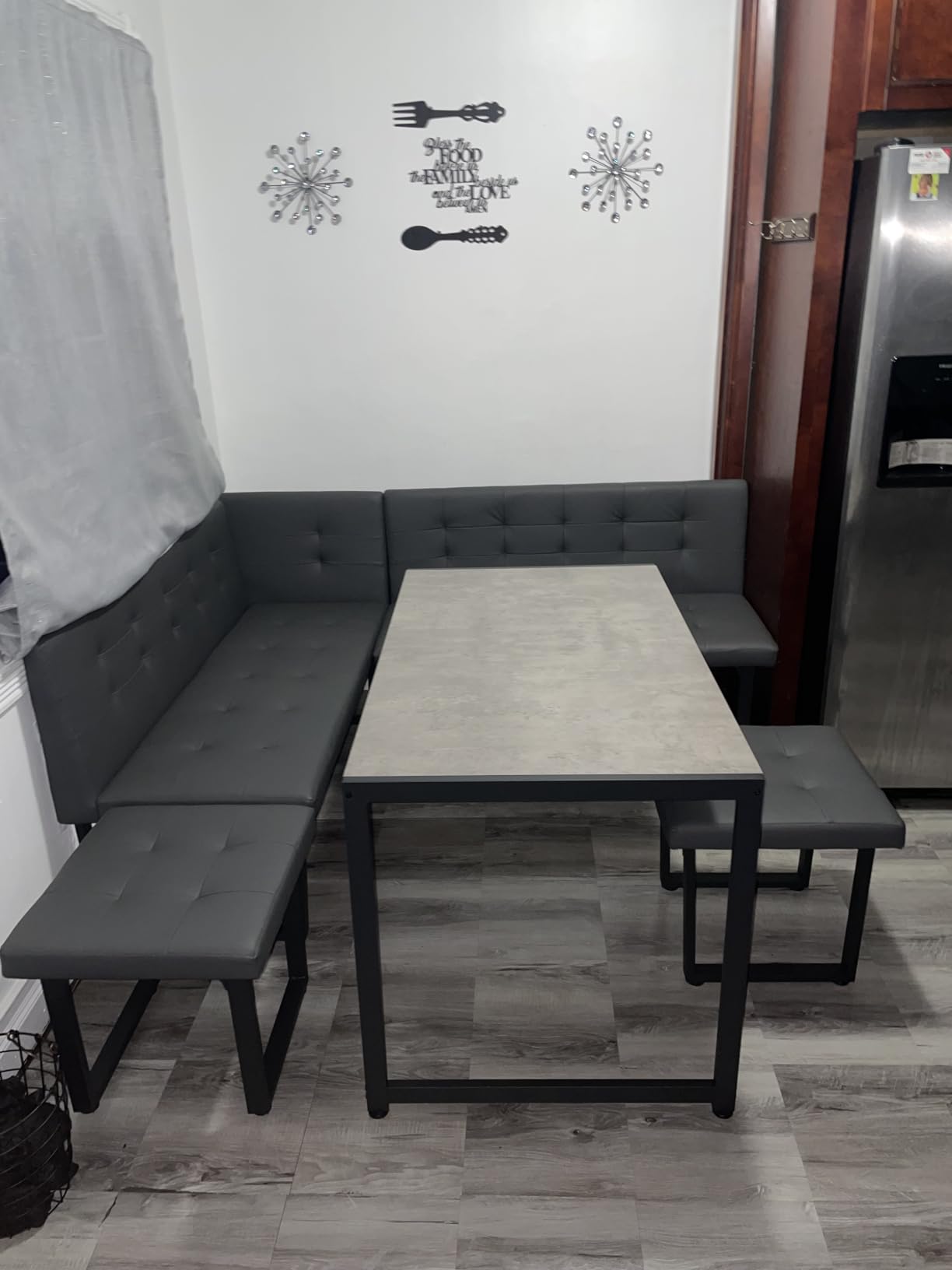 Corner Dining Table Set with Upholstered Banquette, 70 Inch 5-Piece Kitchen Breakfast Nook Table Set, Space Saving, Grey(Table, Bench, Dining Stools) customer photo 2