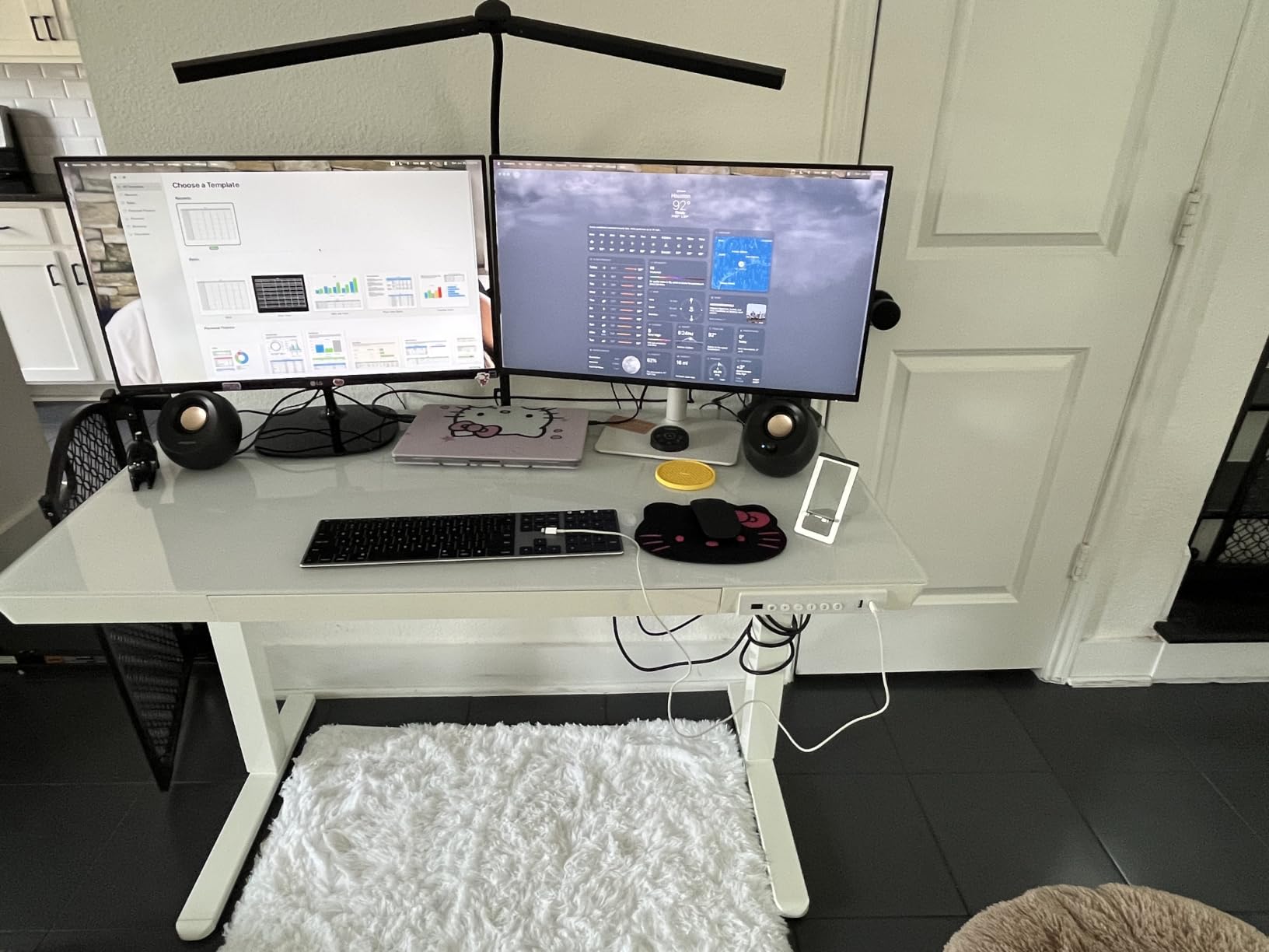 Glass Standing Desk with Drawers, 40 X 24 Inch Electric Adjustable Height Desk, Quick Install One-Piece Tabletop with USB Charging Ports, White customer photo 1