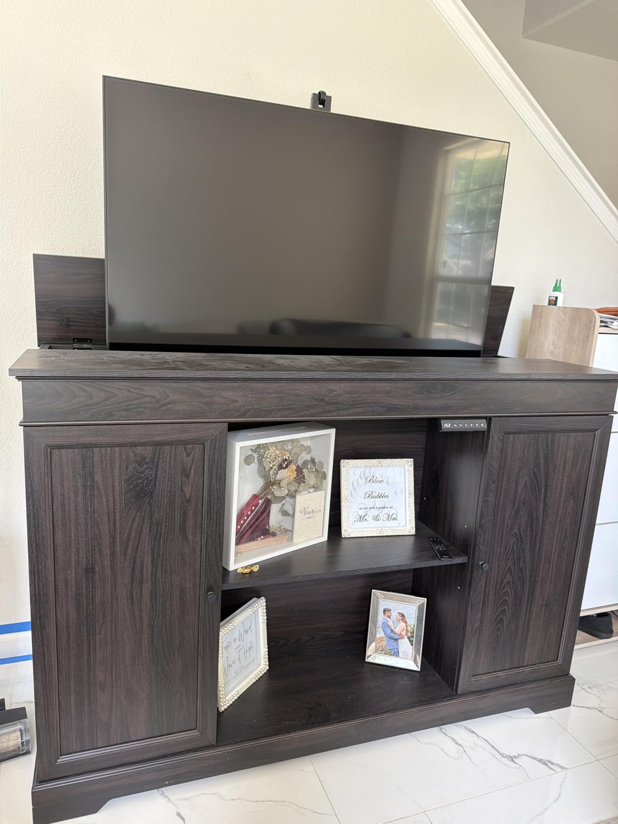GDLF Hidden Motorized TV Lift Cabinet for 55-65 Inch TVs, Walnut - Remote control operation raises or lowers the screen, while interior compartments organize media devices and accessories customer photo 2