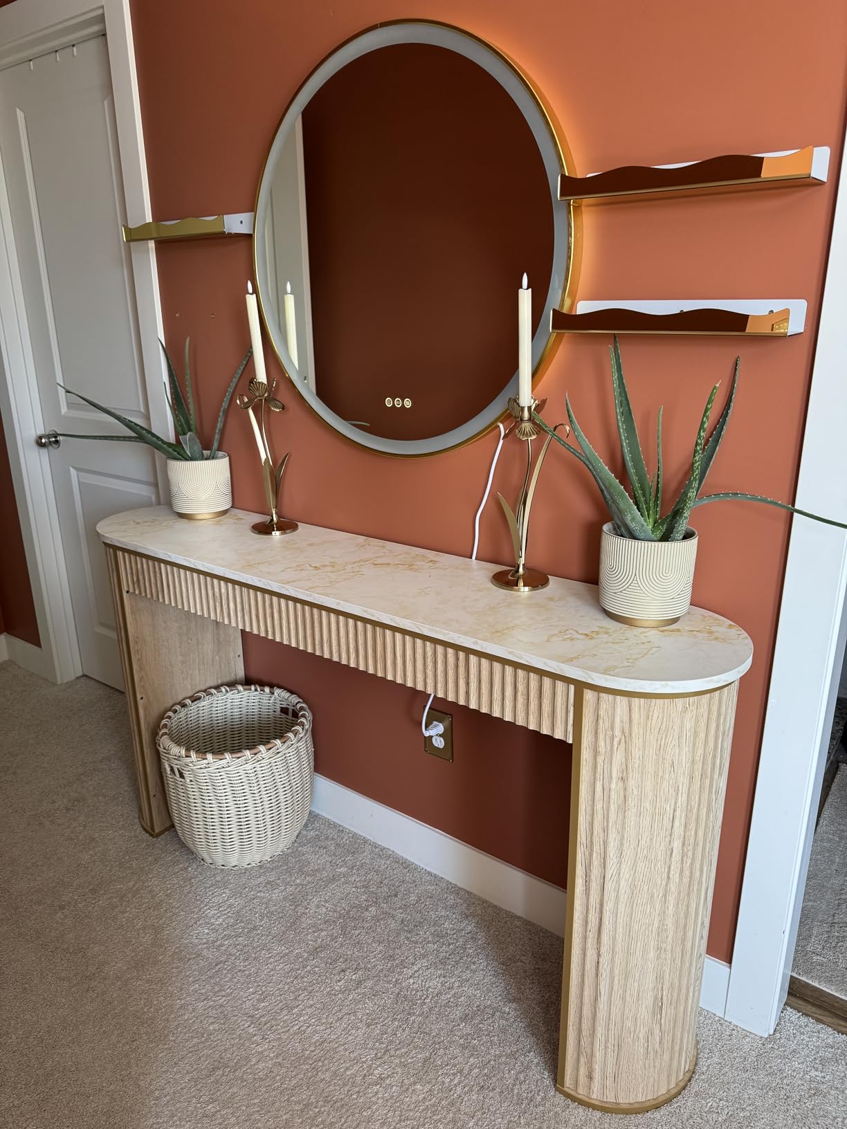 OKD 63-Inch Fluted Console Table, Narrow Entryway Table, Natural Oak | Modern Fluted Wood Base, Curved Faux Marble-Texture Top, Entryway, Hallway, Foyer, Behind Sofa customer photo 2