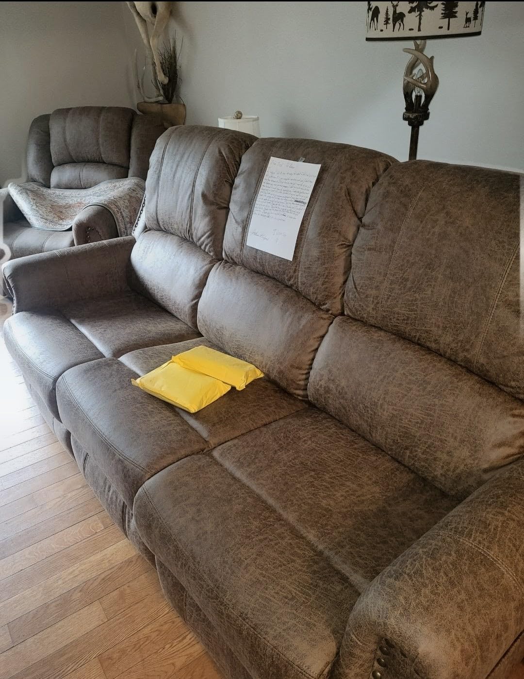 HAOMARKETS 3-Piece Power Reclining Sofa Set with Rivets, Included Electric Massage Recliners, Loveseat Couch with Console and 3-Seater Recliner Sofa, Faux Leather Living Room Furniture Set, Brown customer photo 2