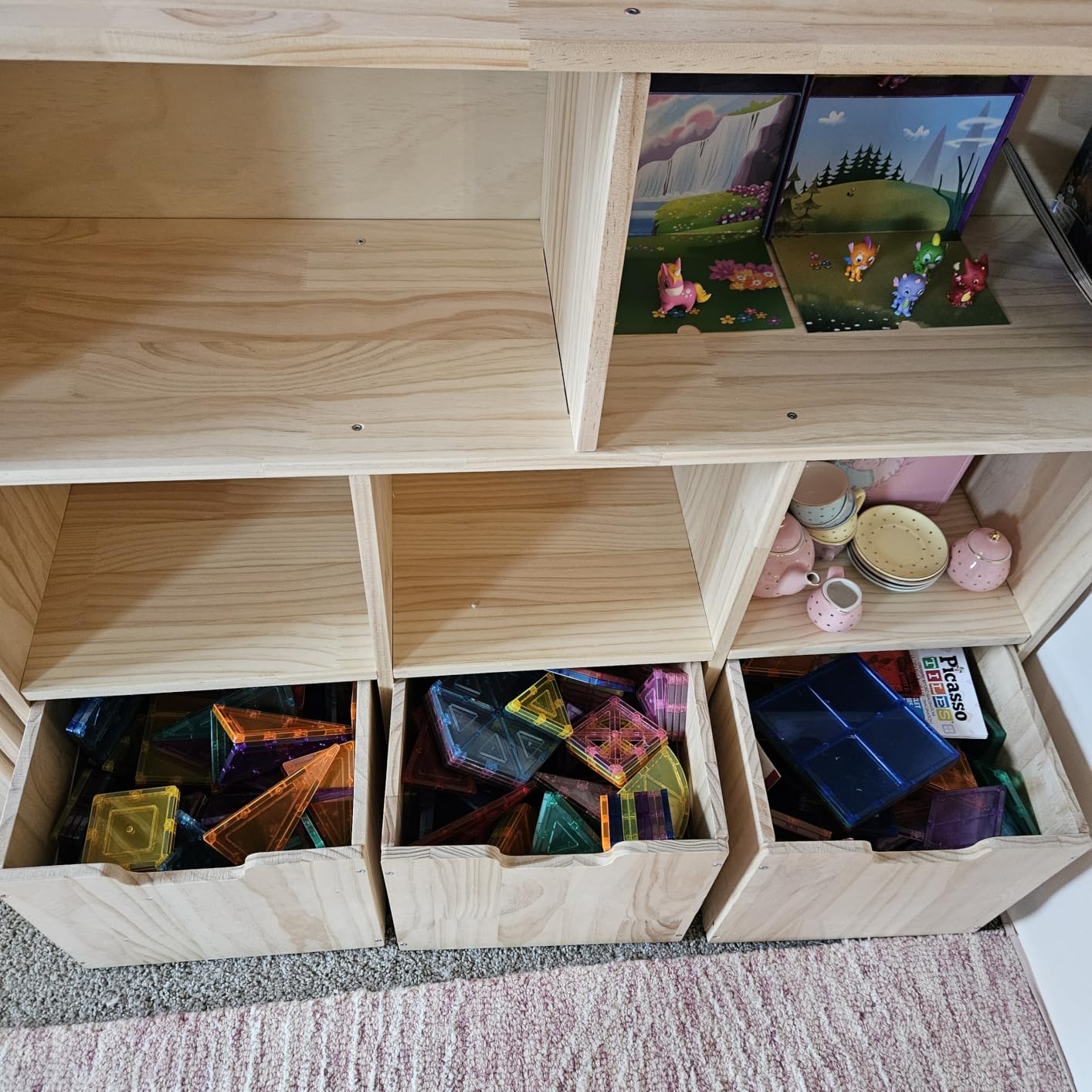 EXPERLAM Solid Pine Wood Toy Storage Organizer, Kids Bookshelf and Toy Organizer with 3 Rolling Drawers, 5 Storage Cubes, Montessori Playroom Storage Cabinet, Burlywood customer photo 1