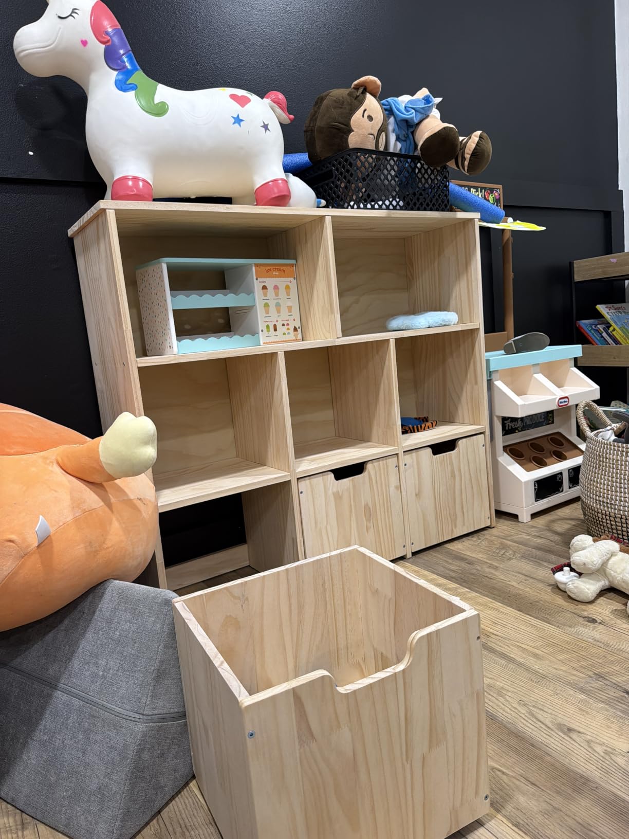 EXPERLAM Solid Pine Wood Toy Storage Organizer, Kids Bookshelf and Toy Organizer with 3 Rolling Drawers, 5 Storage Cubes, Montessori Playroom Storage Cabinet, Burlywood customer photo 2