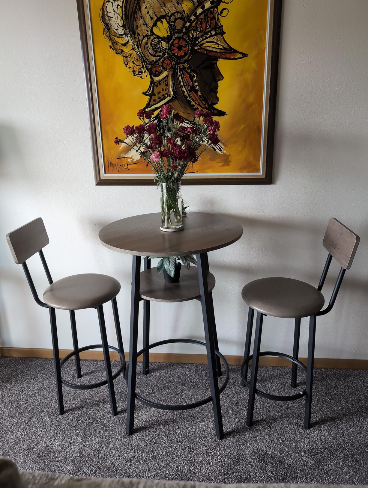 VEVOR Bar Table and Chairs Set, 3PCS 23.5 inch Bars Tables Set with Rounded Corner Design, Round Pub Table with Two Stools for Office Desk, Breakfast Corner, Mini Bars, Light Gray, Black customer photo 2