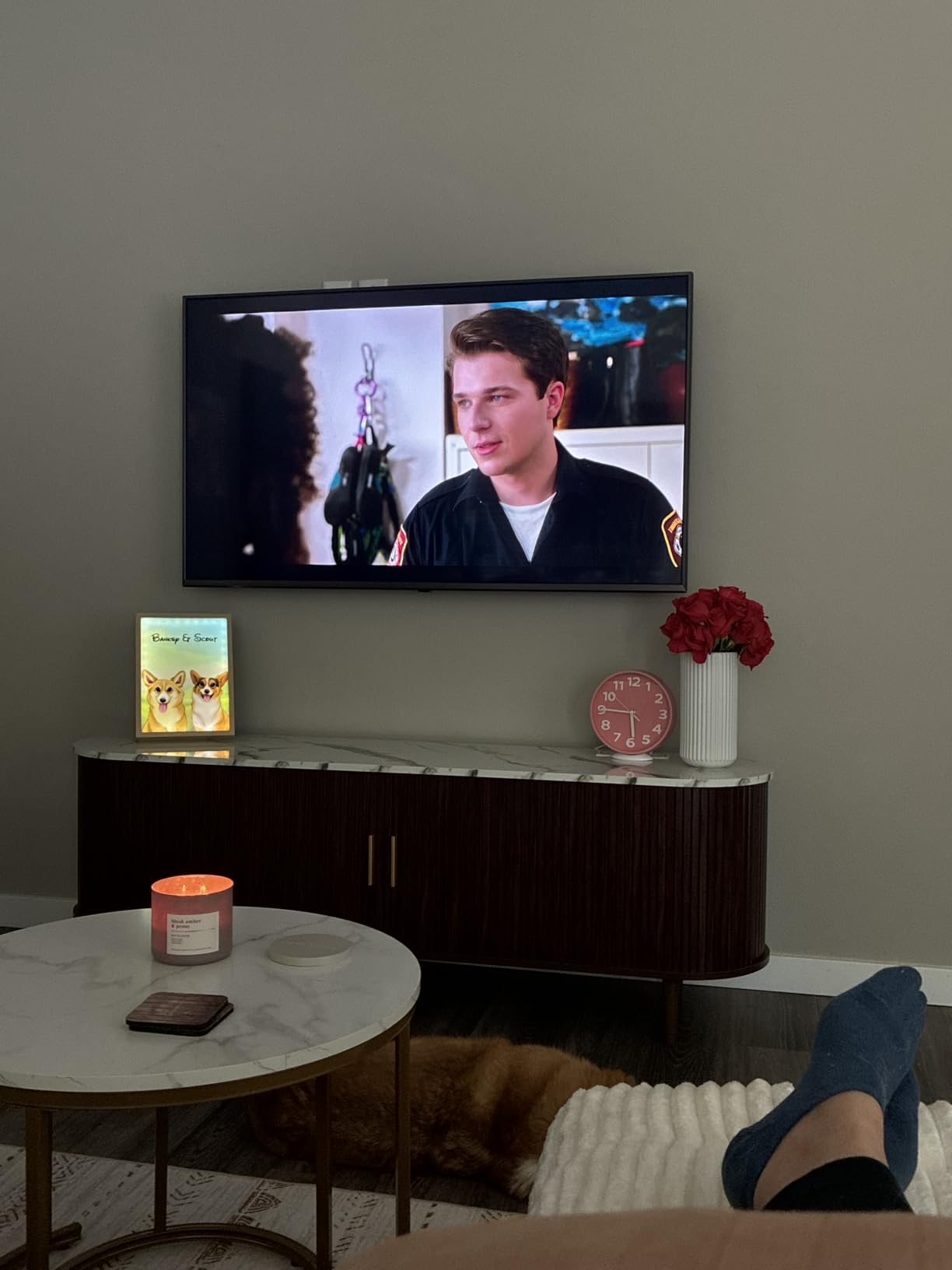 DHH 55 Inch Mid Century Modern TV Stand with Power Outlet for TVs up to 60 Inch, Entertainment Center with Storage and Adjustable Shelves, Media Console with Sliding Doors for Living Room(Walnut) customer photo 1
