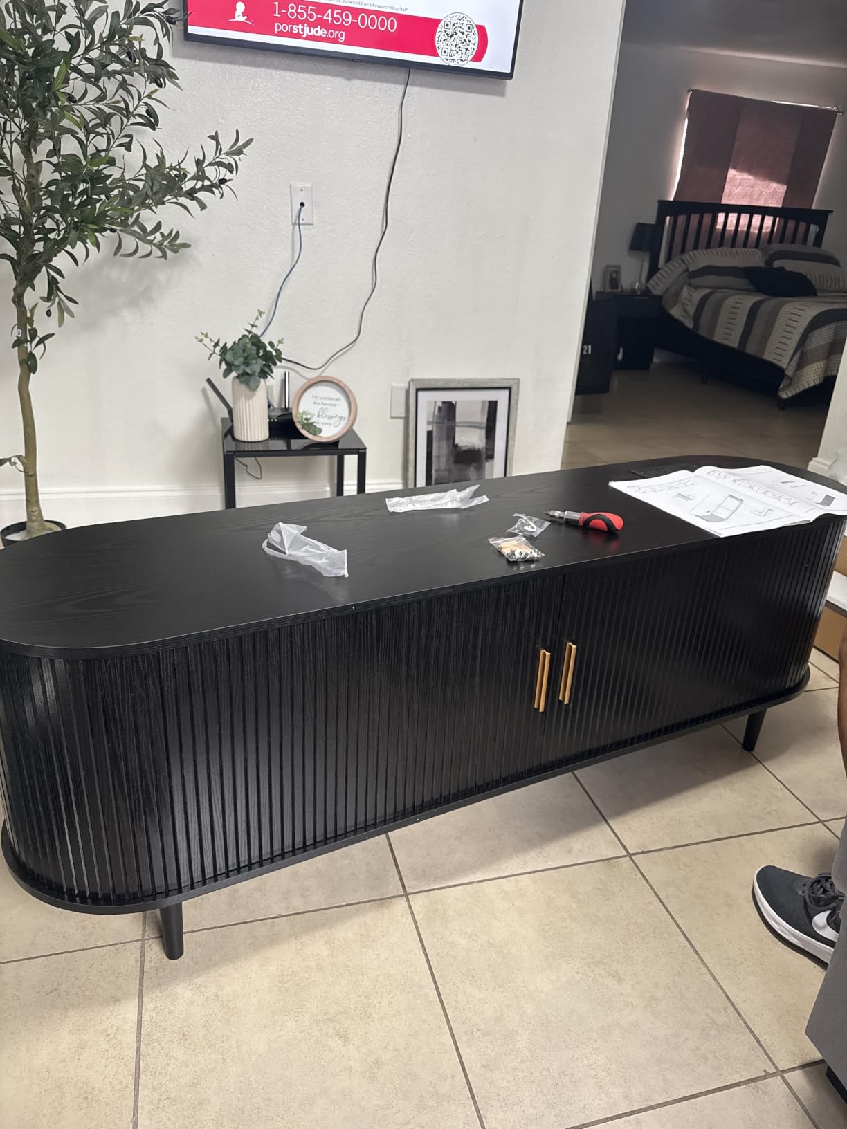 DHH 55 Inch Mid Century Modern TV Stand with Power Outlet for TVs up to 60 Inch, Entertainment Center with Storage and Adjustable Shelves, Media Console with Sliding Doors for Living Room(Walnut) customer photo 2