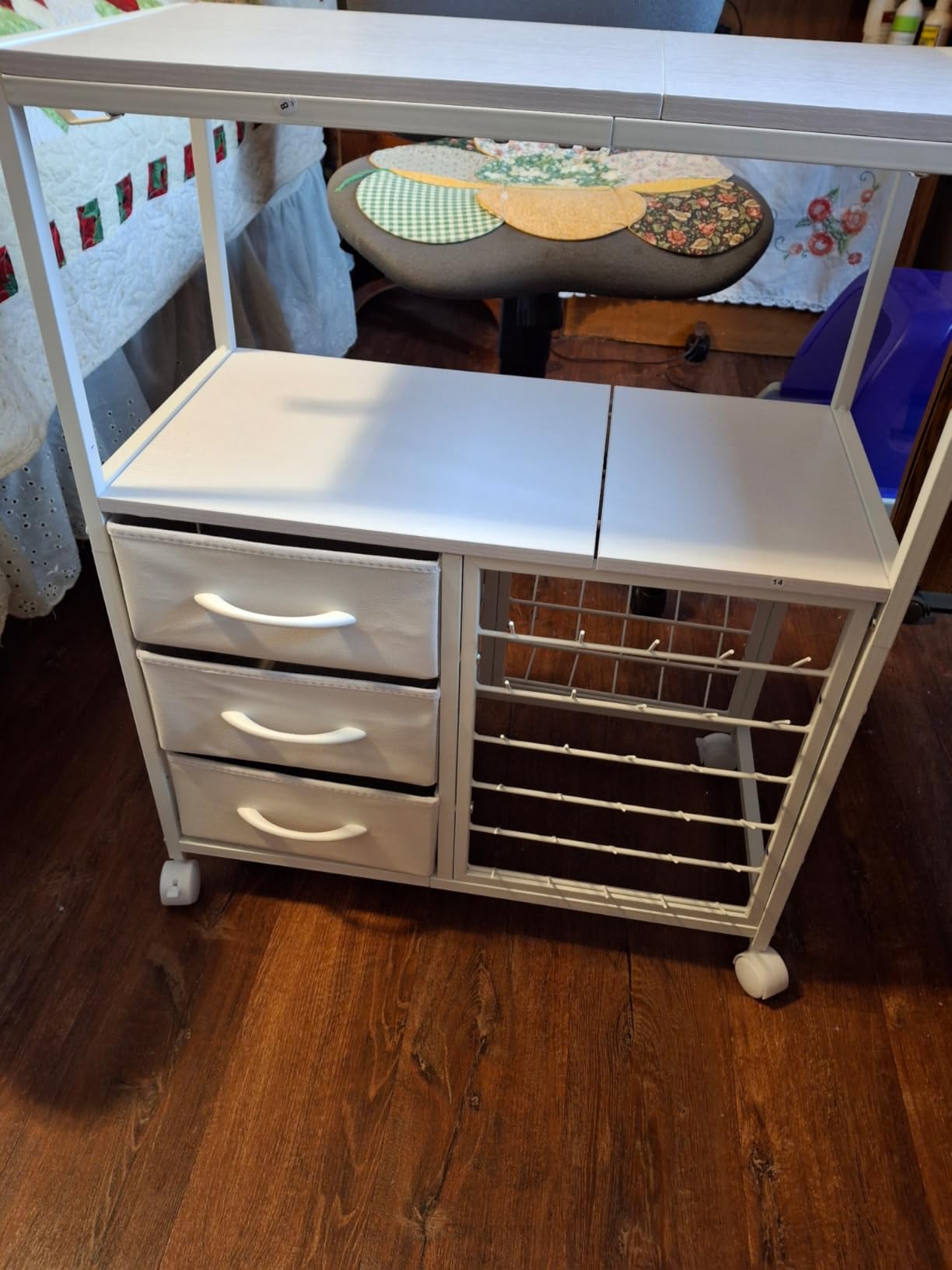 Sewing Table with 60 Spools Thread Holder and 3 Fabric Drawers, Rolling Sewing Machine Table for Storage Embroidery Machine, Rolling Craft Table Cart for Sewing Organizer, White, Patent Pending customer photo 1
