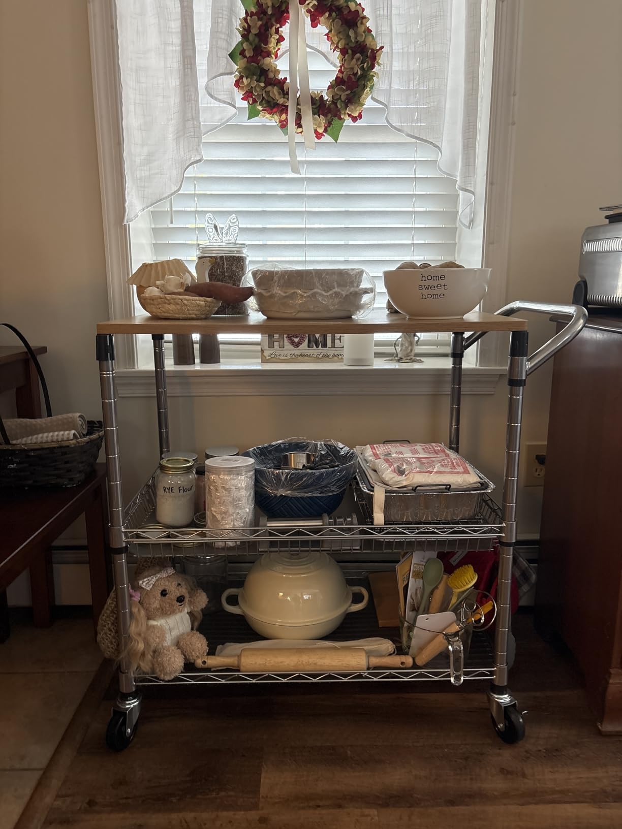 NTE Rolling Kitchen Microwave Cart, 3 Tier Microwave Stand with Storage, Small Kitchen Island on Wheels, Kitchen Storage Cart with 6 Hooks customer photo 1