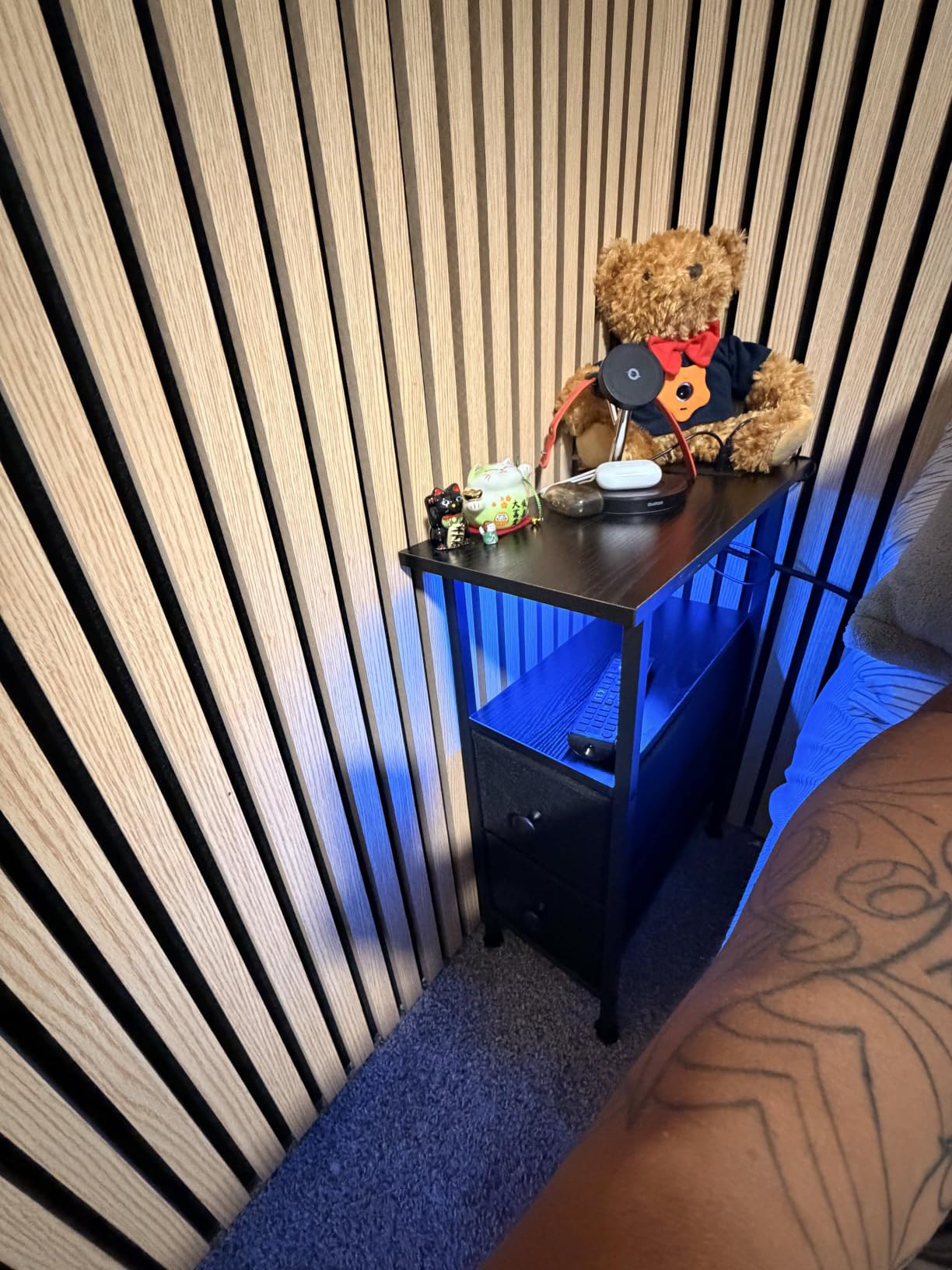 SONGMICS Side Table with LED Light, Narrow End Table with 2 Drawers, Nightstand with Charging Station, Bedside Tables for Small Space, Living Room, Bedroom, Ink Black, BELLAH Collection ULGS002B101 customer photo 2