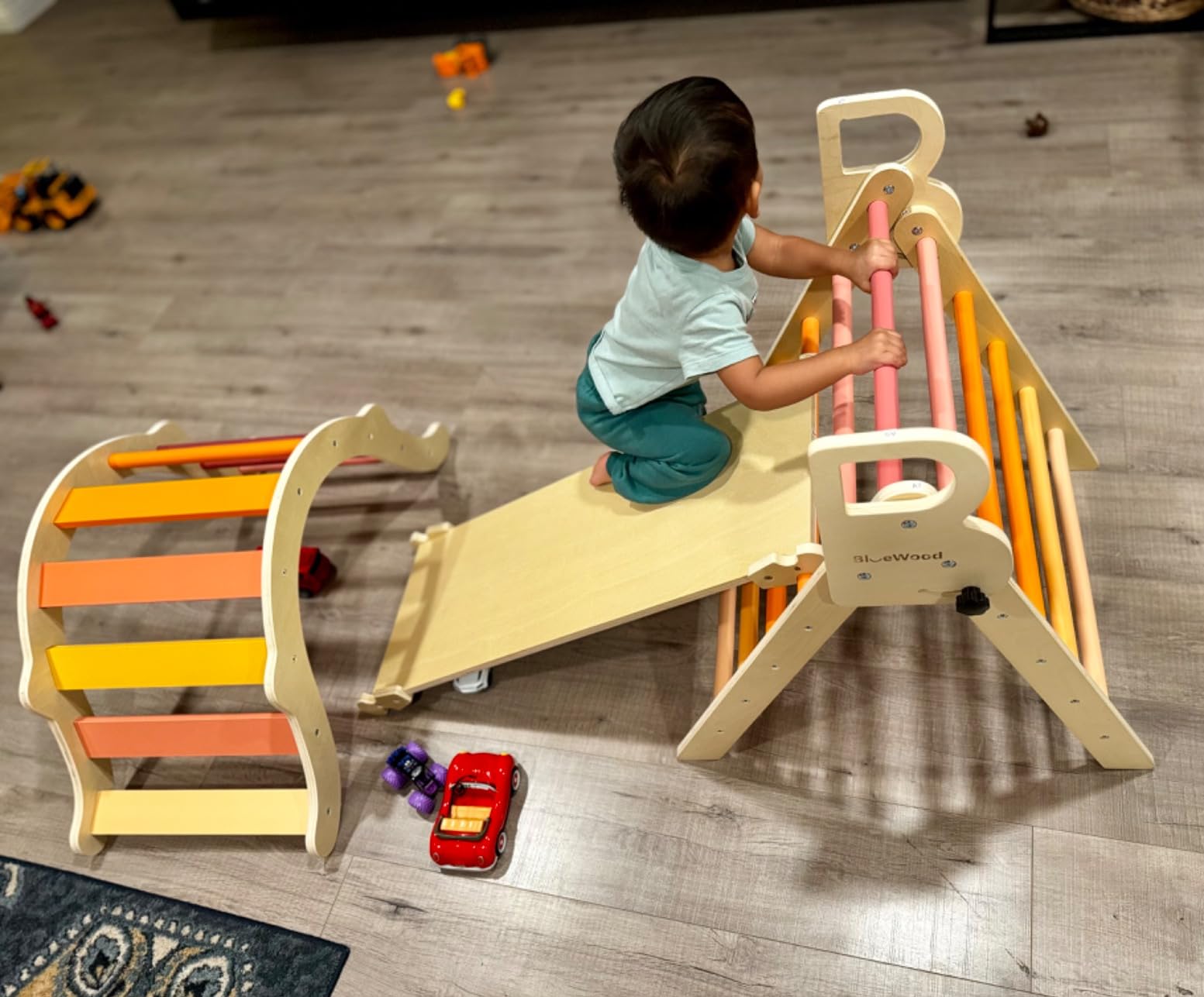 BlueWood Pikler Triangle Set, Toddler Climbing Toys Indoor 7in1 Foldable | Wooden Climber for Kids, Montessori Philosophy Play Jungle Gym with Arch, Ramp, Ladder (Colorful Spring) customer photo 1