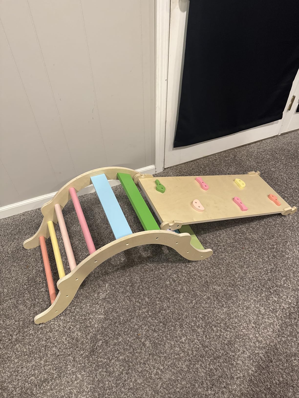 BlueWood Pikler Triangle Set, Toddler Climbing Toys Indoor 7in1 Foldable | Wooden Climber for Kids, Montessori Philosophy Play Jungle Gym with Arch, Ramp, Ladder (Colorful Spring) customer photo 2