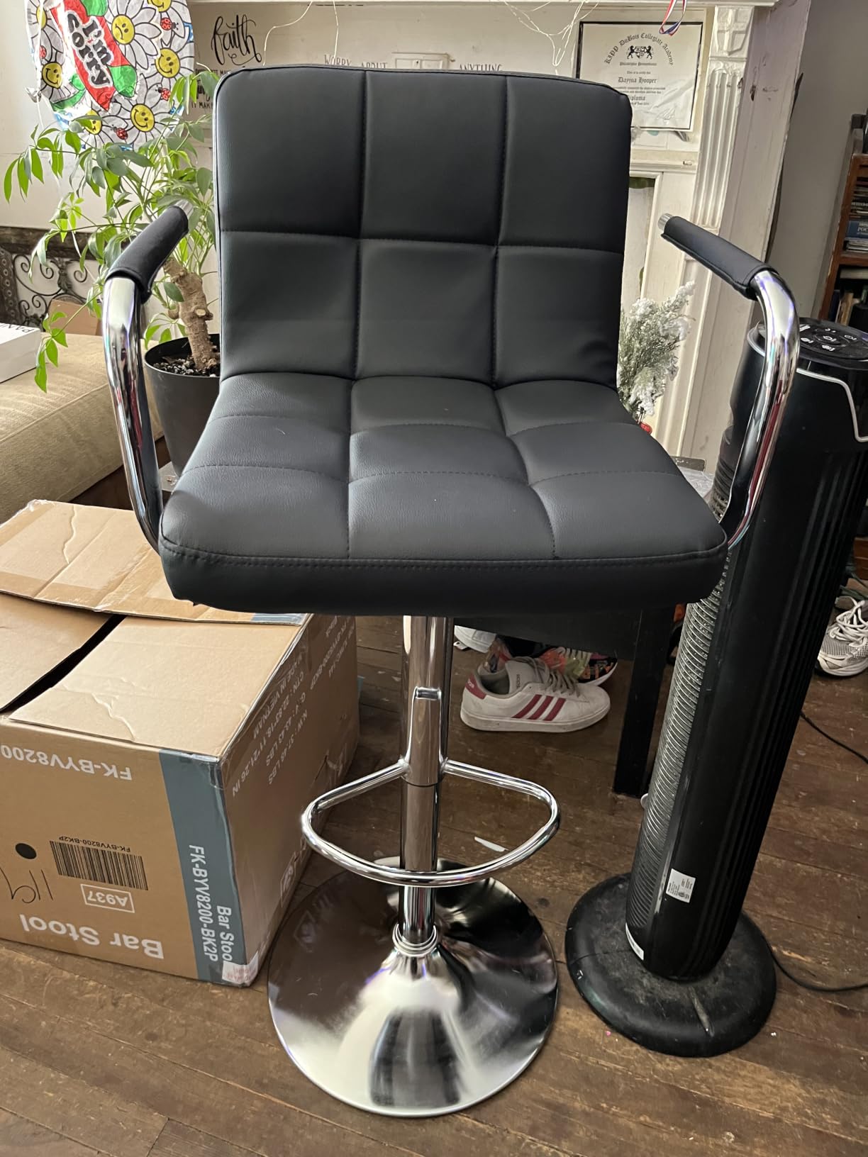 DUMOS Swivel Bar Stools Set of 4, PU Leather Counter Height Bar Chairs | Adjustable Height, Barstools with Metal Armrests, Backrest, Water-Resistant, Kitchen Island, Pub, Dining Room, Grey customer photo 1