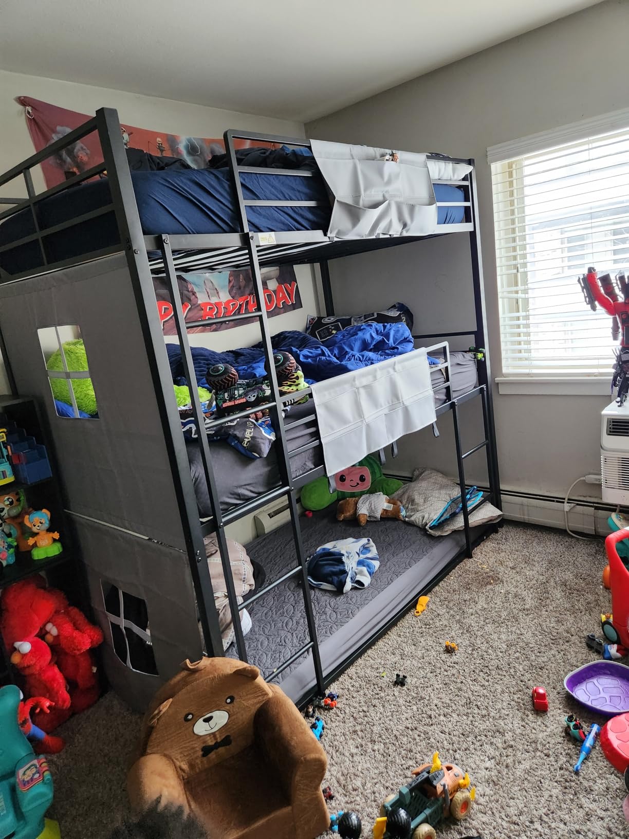 ADORNEVE Triple Bunk Bed for Kids Twin Over Twin with Safety Guardrail | Heavy Duty Metal 3 Bunk Beds with Play Curtain & Ladder & Safety Guardrail, 2 Storage Pockets for Small Bedroom, Easy Assembly customer photo 1
