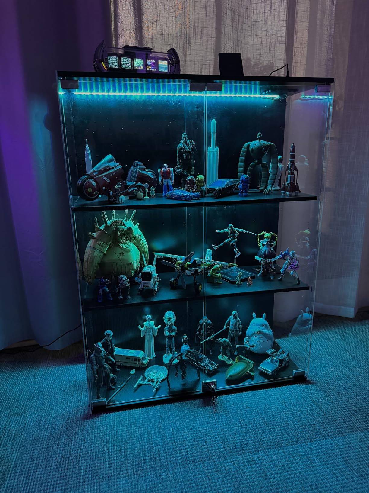 VersionTECH. Glass Display Cabinet with RGB LED Lights, Full-View Display, 3-Tier Display Case with Glass Doors for Collectibles, Cabinets with Lock, Human Sensor, Charging Station, Black customer photo 2
