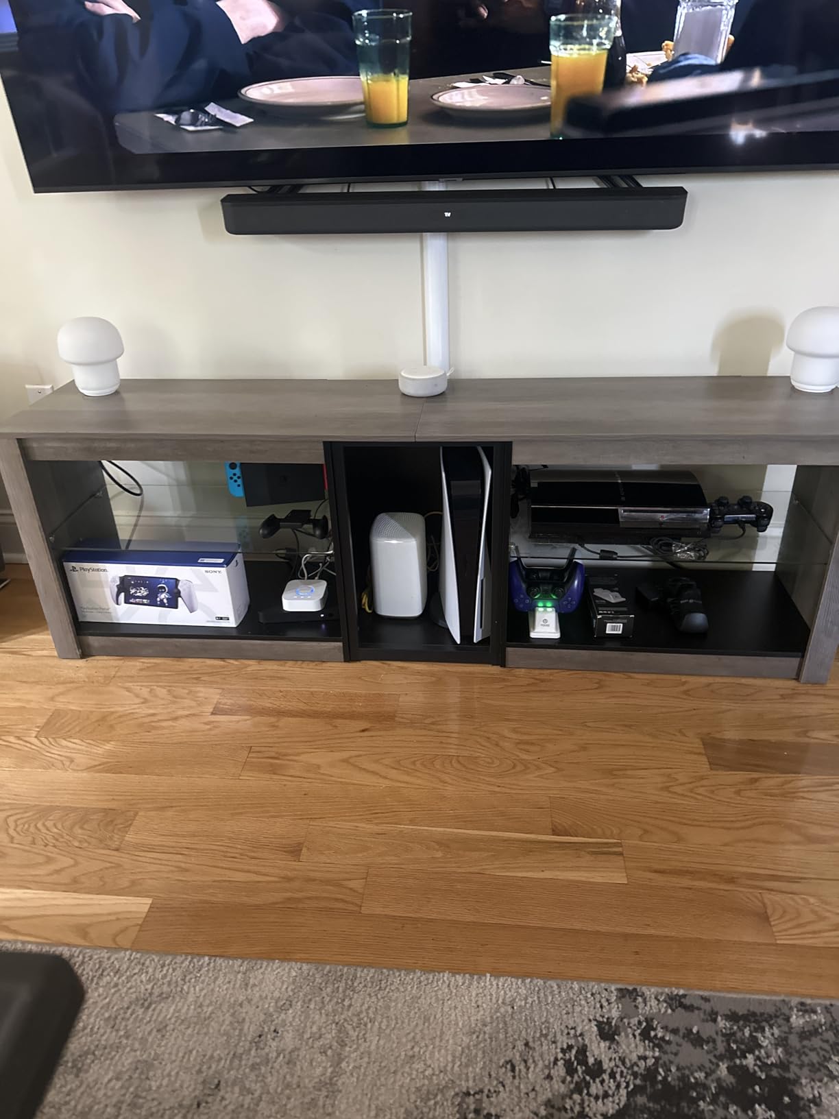 Bestier 80 Inch TV Stand for 85 Inch TVs, Modern Open Entertainment Center with LED Lights & Adjustable Shelves, Media Console for Gaming Setup and Home Theater (White) customer photo 1