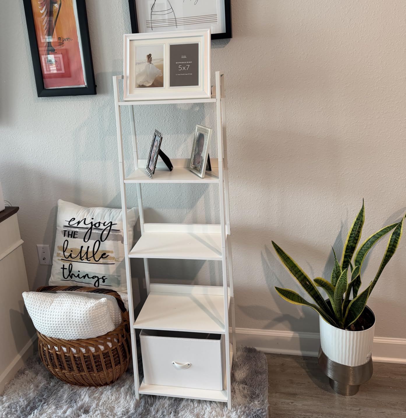 Furologee Bookshelf Set of 2, 6-Tier Ladder Shelf, Ladder Bookshelf with Drawer, Set of 2 Bookshelves, Metal Storage Shelf for Living Room, Home Office, Bedroom, Balcony, Kitchen, Rustic Brown customer photo 1