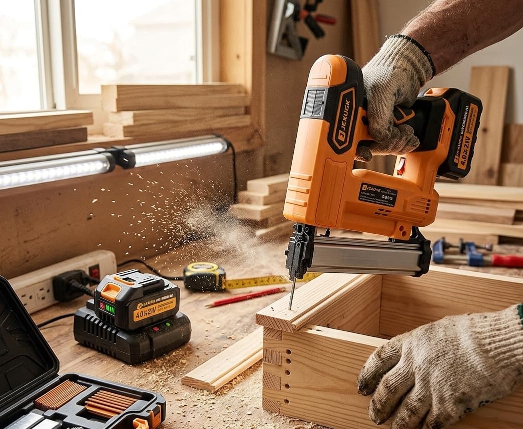 JEXUGK Cordless Brad Nailer, 18 GA Nail Gun Battery Powered with 2 x 4.0Ah Battery, 2 in 1 Electric Nail Gun with 1000 Brad Nails and 1000 Staples, Finish Nailer for Woodworking & Home Improvement customer photo 2