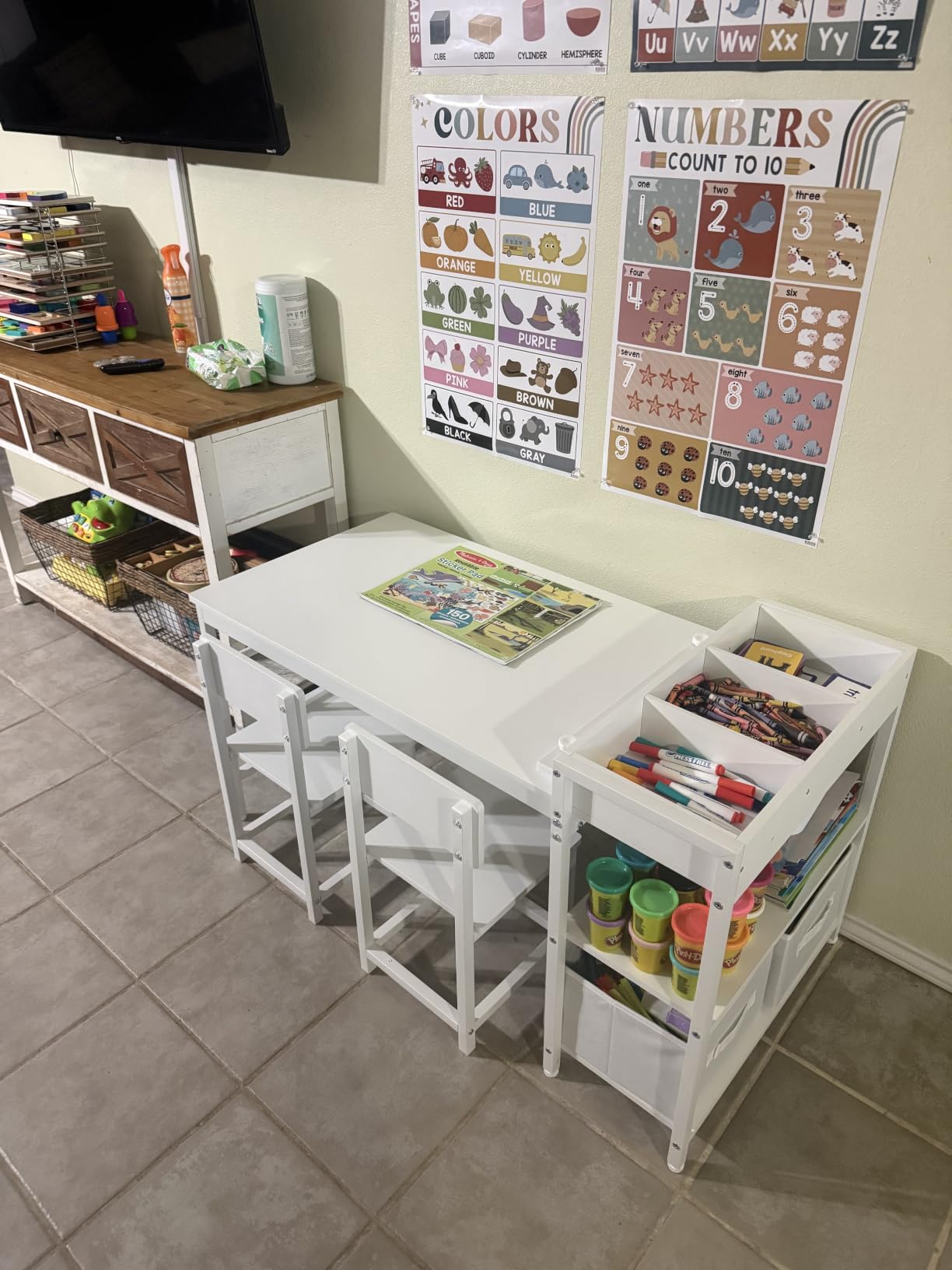 BOLUO Kids Art Table and Chair Set, Toddler Craft Table with Storage Drawers, Play Desk for Kids, Children Activity Learning Center White customer photo 1