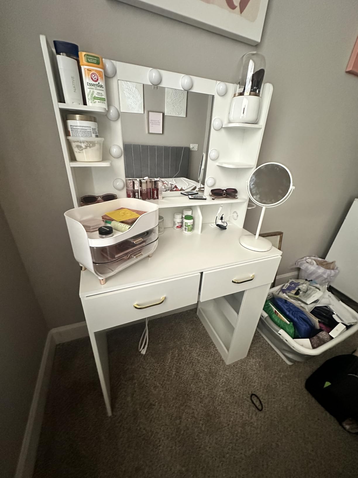 Vanity Desk with LED Lights Mirror & Charging Station, Makeup Vanity with Storage Drawers and Shelves, Modern Dressing Table for Women Girls Bedroom, Ivory White customer photo 1