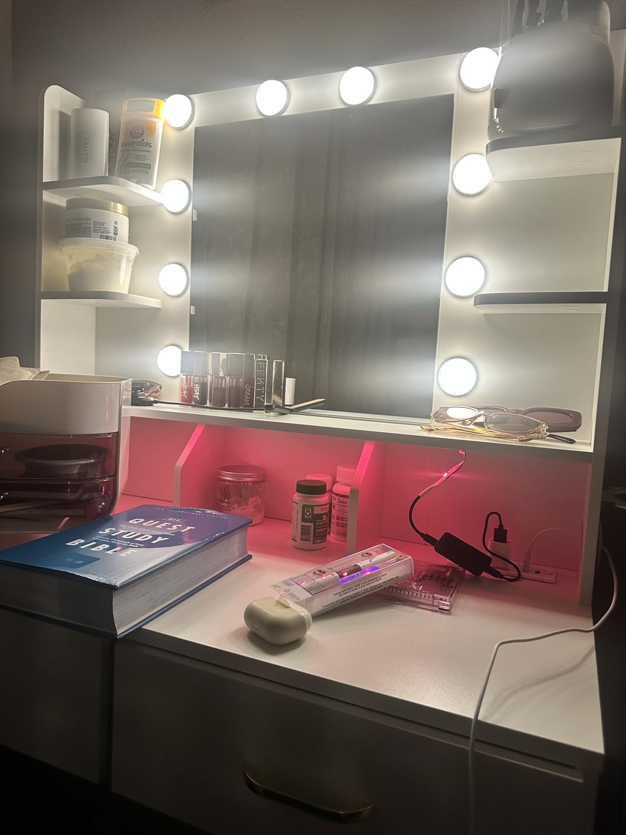 Vanity Desk with LED Lights Mirror & Charging Station, Makeup Vanity with Storage Drawers and Shelves, Modern Dressing Table for Women Girls Bedroom, Ivory White customer photo 2