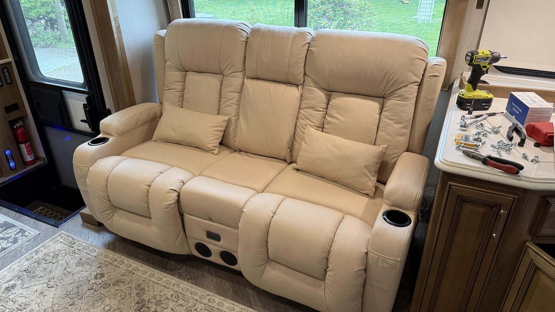 URRED Power Loveseat Recliner Sofa with Massage and Heat, Gray | Wall Hugger Reclining Loveseat with Console, RV Couch Home Theater Seating with LED Lights for Living Room, Pebbled Fabric customer photo 2