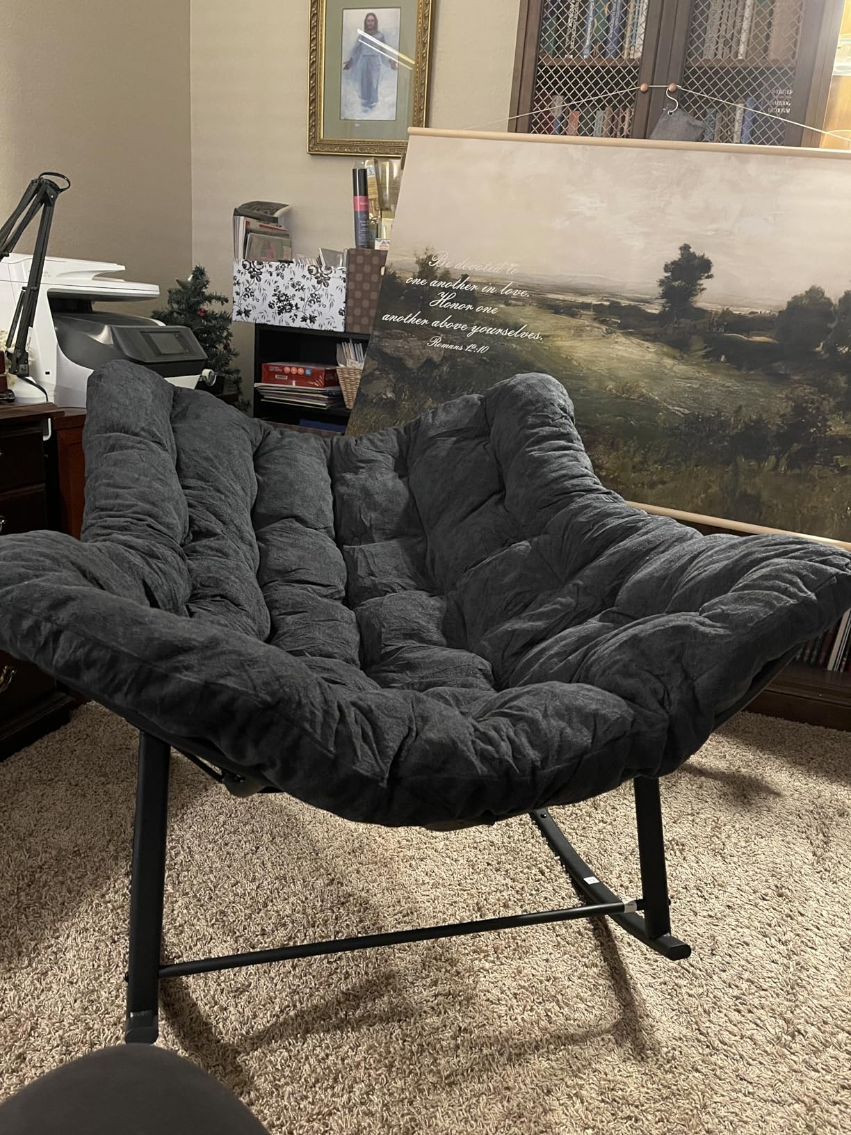 Oversized Papasan Rocking Chair with Cushion, Indoor Outdoor, White | Lounge Chair with Cushion, Patio Egg Rocker Chairs, Comfy Reading Chairs for Bedroom, Living Room, Garden, Lawn customer photo 1