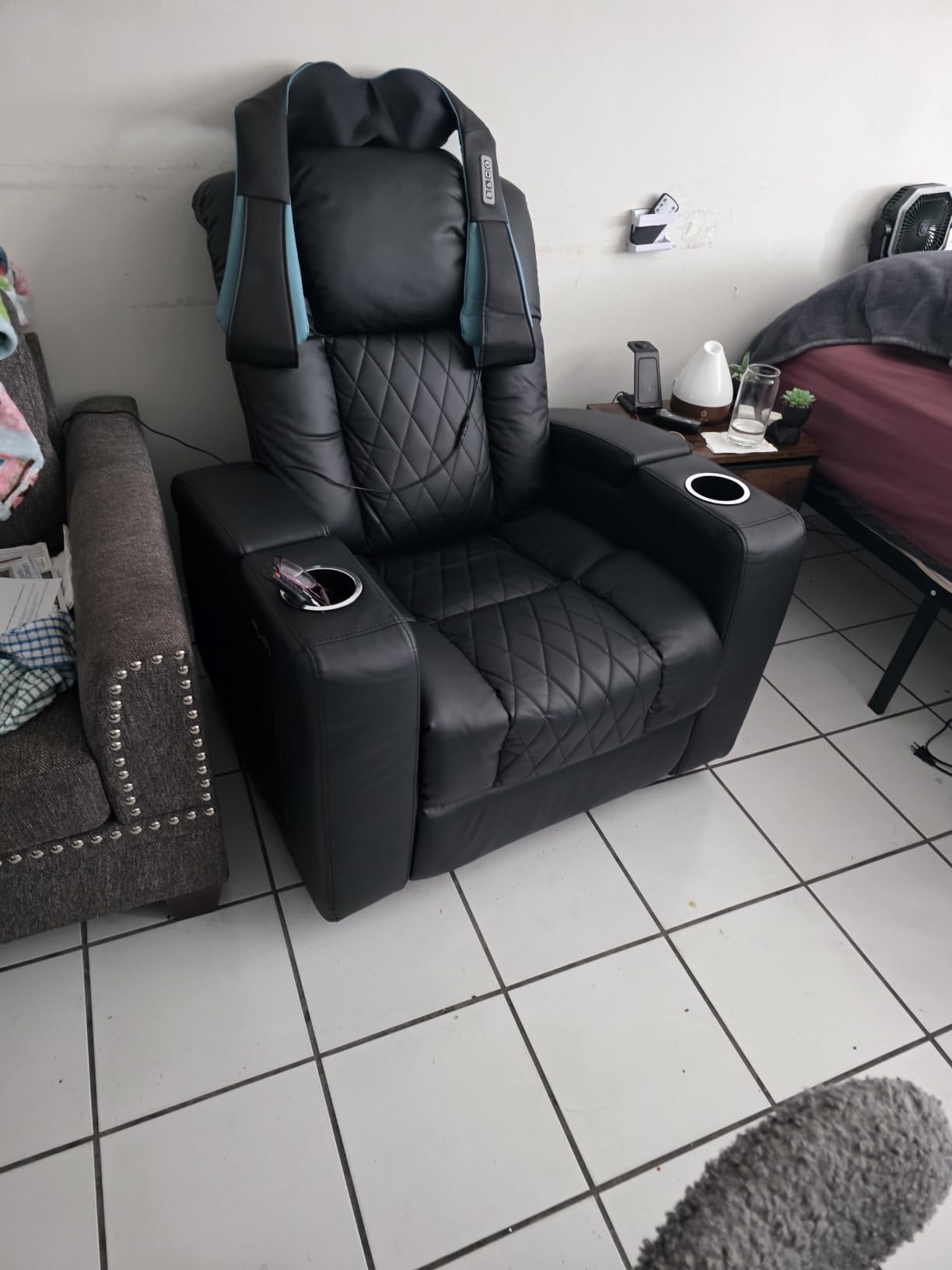 ANJ Home Theater Seating Power Recliner Set of 4 with Arm Storage, Faux Leather Recliner Sofa with LED Light, Electric Movie Reclining Chairs with USB Ports & Cup Holders for Media Living Room, Black customer photo 1
