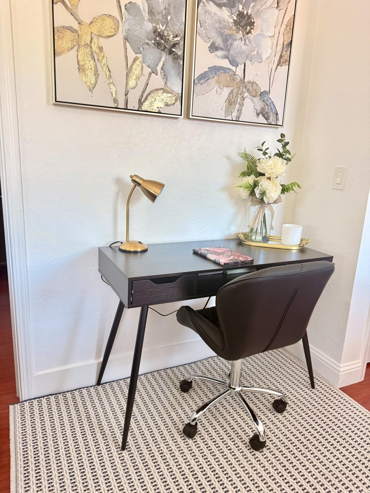 Tangkula Mid Century Modern Desk Simple Computer Desk | White Writing Desk Vanity Table w/2 Drawers & Open Center Storage, Small Wooden Study Table for Home Office & Compact Spaces customer photo 1