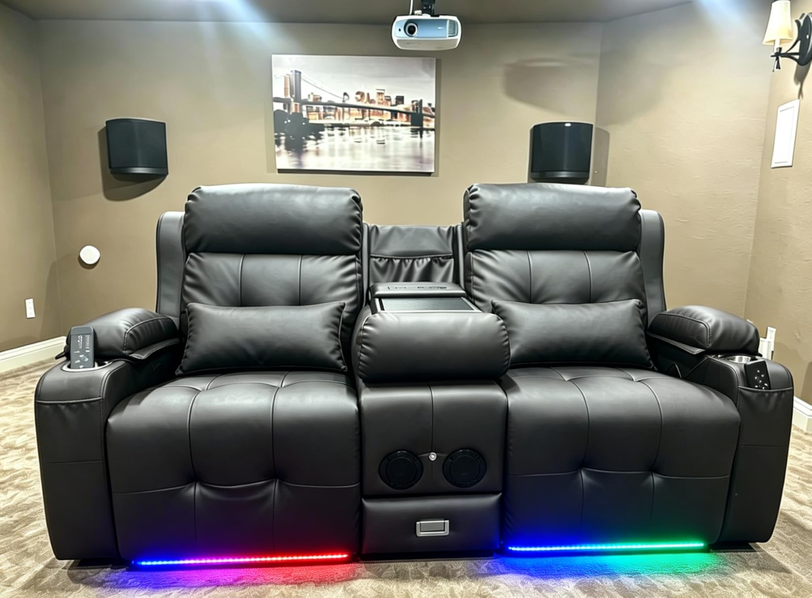 Home Theater Seating, Power Loveseat Recliner Sofa with Massage & Heat, Wall Hugger Reclining Loveseat with USB, RV Couch with LED Lights, Flip Backrest, Cup Holders for Movie Theater & Gaming Room customer photo 1