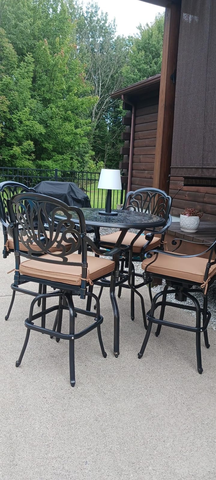 VIVIJASON 5-Piece High Patio Bar Dining Set, All Weather Cast Aluminum Outdoor Table and Chairs Set with 4 Swivel Bar Stools, Cushions & 35.4 Square Bar Table w/Umbrella Hole for Deck, Lawn, Garden customer photo 2