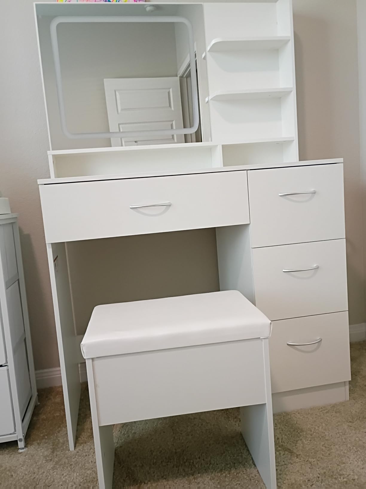 LIVELYGLOW White Makeup Vanity Desk with Charging Station & 4 Drawers | Smart LED Mirror, Cushioned-Stool, Hairdryer-Rack customer photo 1