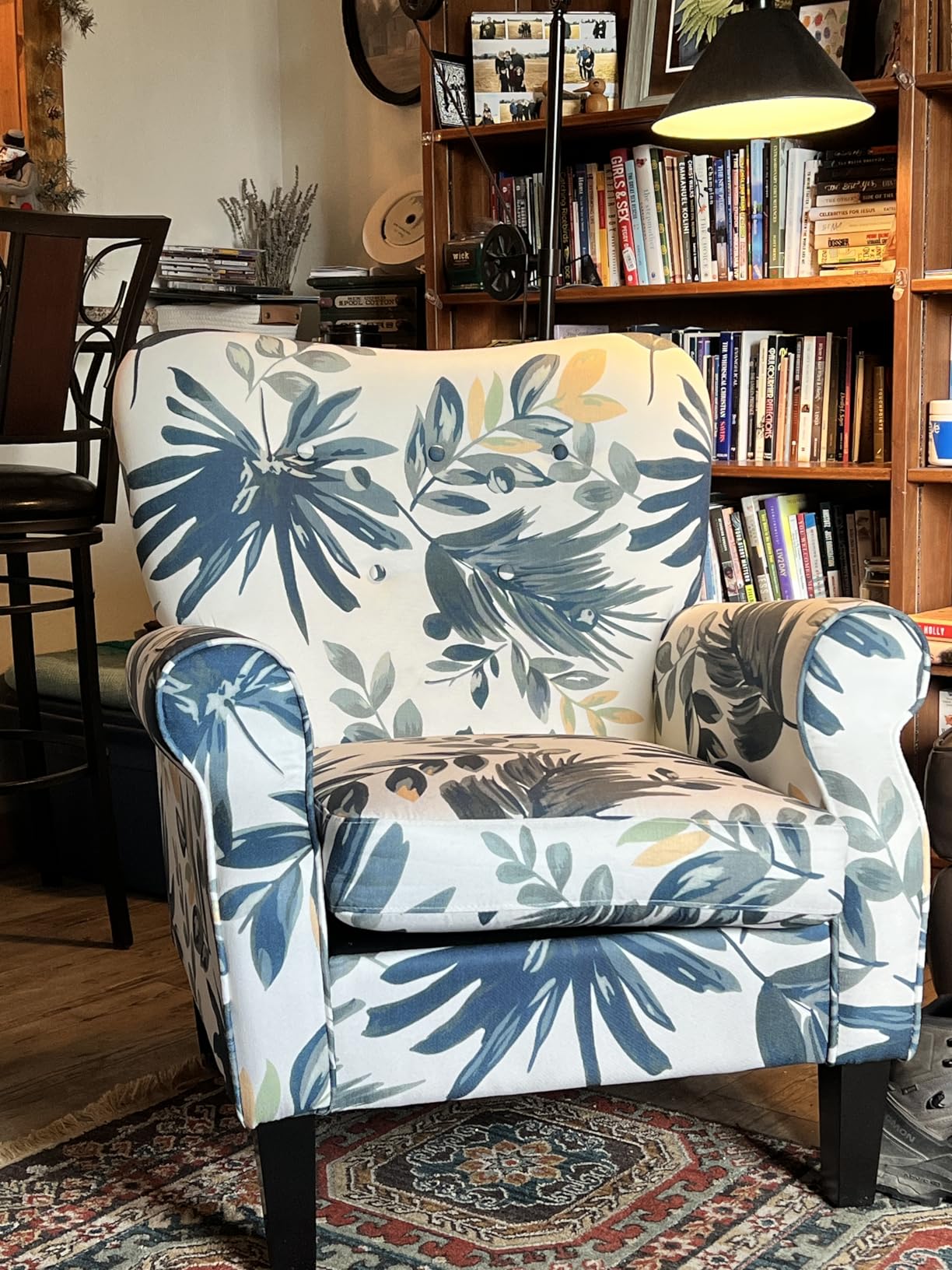 YOLENY Mid Century Wingback Arm Chair, Modern Upholstered Fabric High Back Accent Chair with Wood Legs, Upholstered Single Sofa Club Chair for Living Room, Bedroom, Home Office, Grey Green Leaves customer photo 1