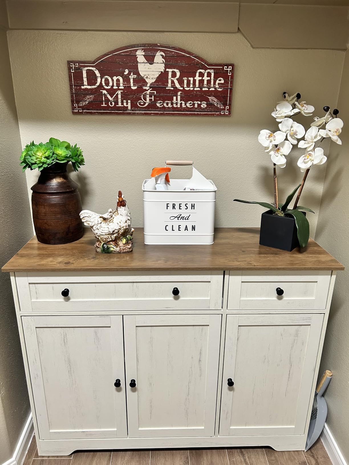 VASAGLE Siren Collection - Buffet Cabinet, Farmhouse Coffee Bar Cabinet with 2 Drawers, Adjustable Shelves, 4 Doors, Sideboard, 15.8 x 55.1 x 31.5 Inches, Rustic White and Honey Brown ULSC541WJ01S customer photo 2