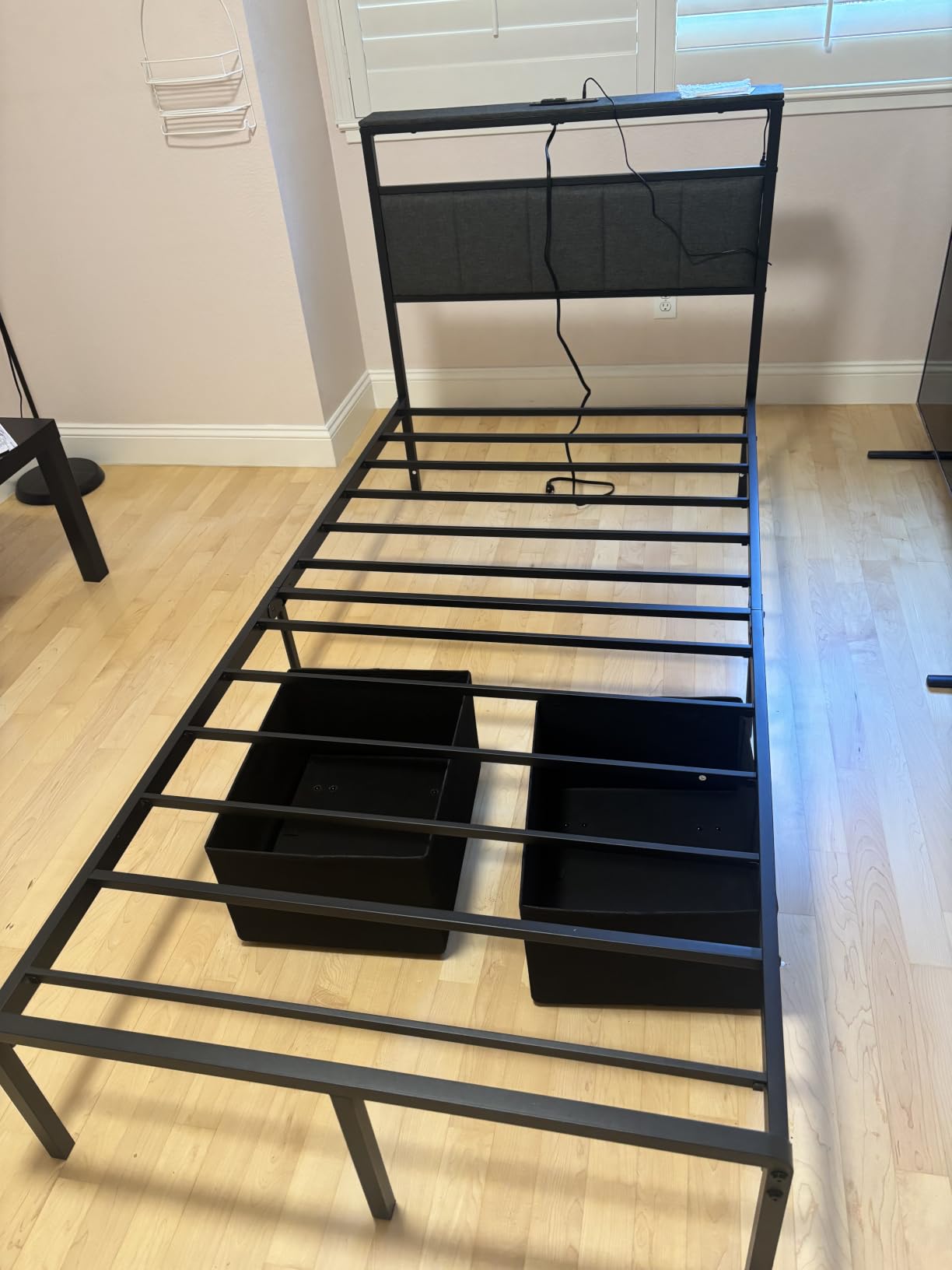 Queen Bed Frame with Storage Drawers and Charging Station, Grey | Upholstered Platform Bed with LED Lights, Headboard Storage Shelf, Noise Free, Metal Support, No Box Spring Needed customer photo 2
