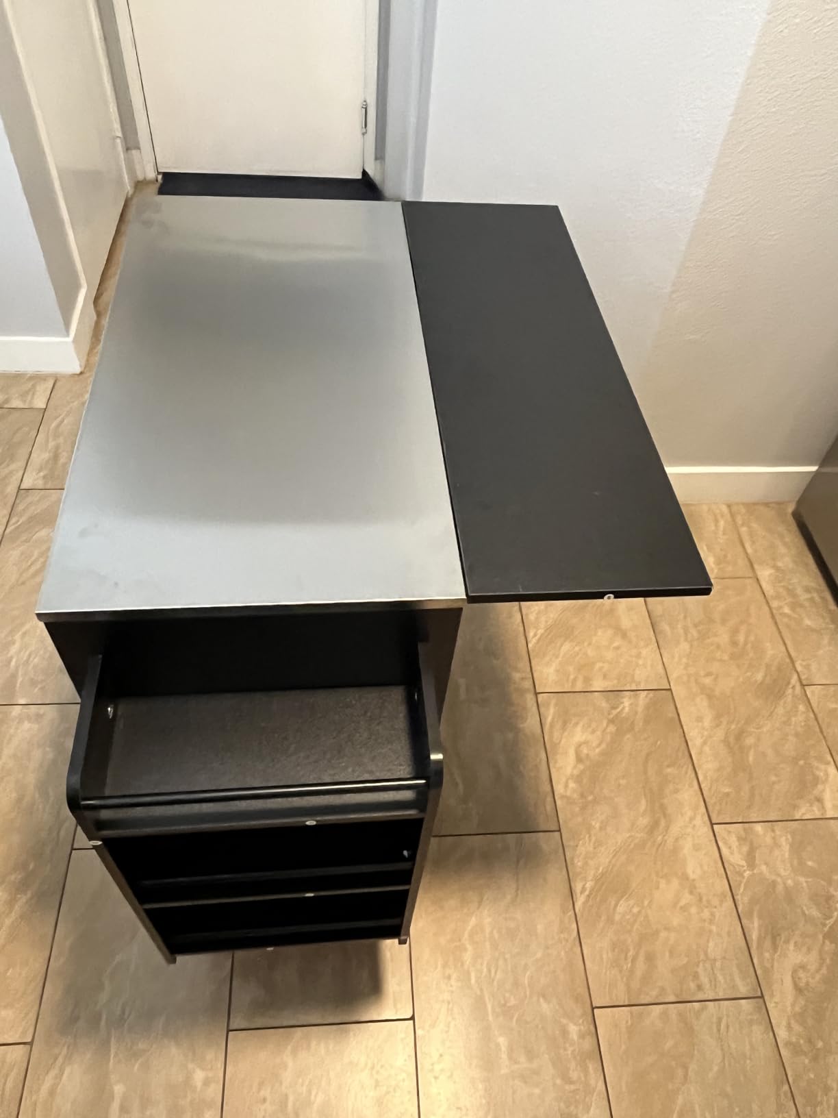 Concho 56'' Kitchen Island with Seating and Stainless Steel Countertop, Rolling Kitchen Carts on Wheels with Folding Drop Leaf, Bar Stool, Power Outlet, Spice/Towel Rack, Black customer photo 2