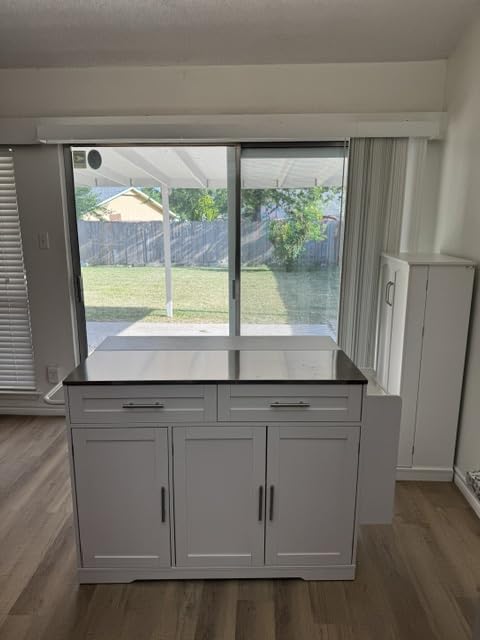 Concho 56'' Kitchen Island with Seating and Stainless Steel Countertop, Rolling Kitchen Carts on Wheels with Folding Drop Leaf, Bar Stool, Power Outlet, Spice/Towel Rack, White customer photo 2