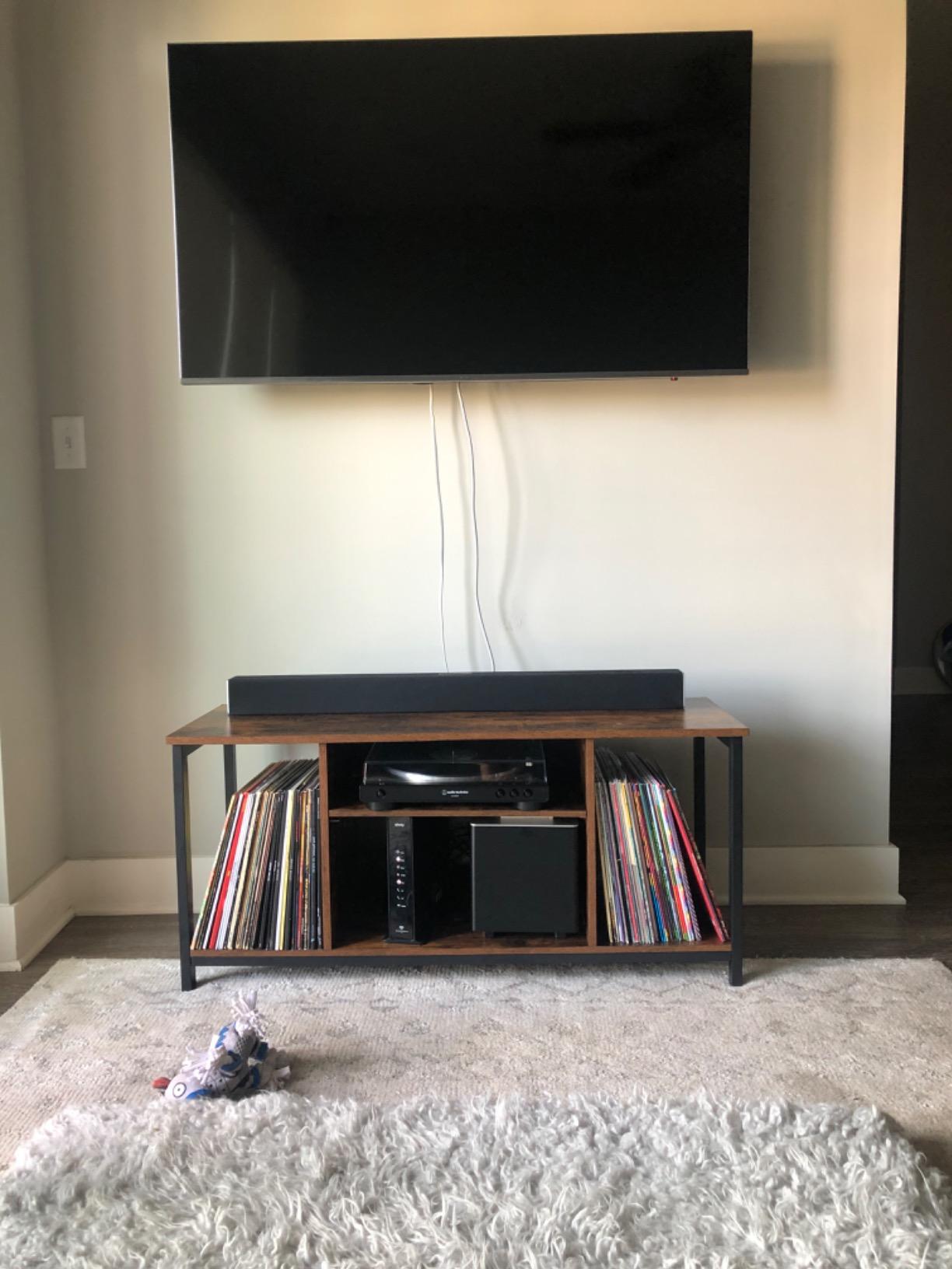 VASAGLE Tall Farmhouse TV Stand, Entertainment Center with Barn Doors, Storage Media Console Table for Living Room, 58.3 x 15.7 x 31.9 Inch, Rustic White and Honey Brown, LIRY Collection ULTV031W101S customer photo 2
