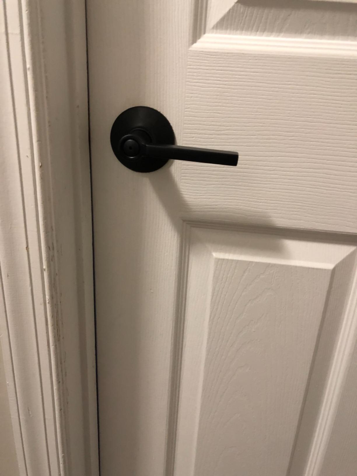 Schlage Latitude Bed/Bath Privacy Door Handle with Lock, Matte Black | Interior bedroom or bathroom door lever with push button lock, Reversible, Easy install, Certified durability, Universal fit customer photo 1