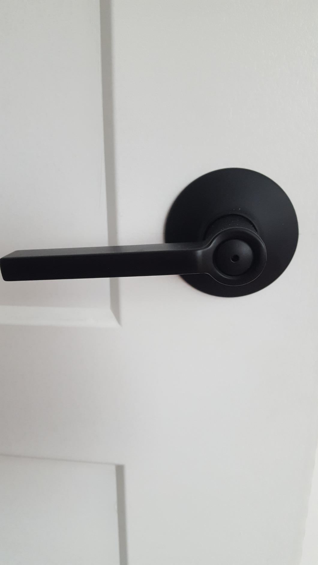 Schlage Latitude Bed/Bath Privacy Door Handle with Lock, Matte Black | Interior bedroom or bathroom door lever with push button lock, Reversible, Easy install, Certified durability, Universal fit customer photo 2