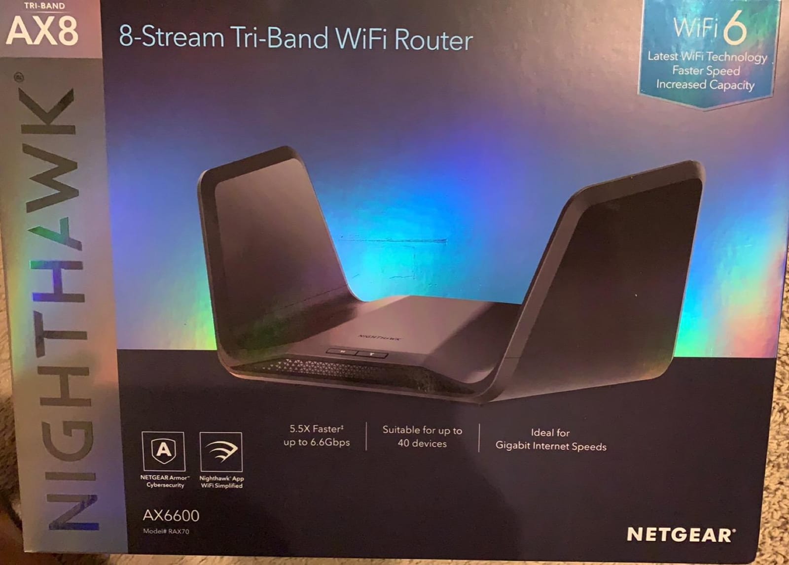 NETGEAR Nighthawk 8-Stream WiFi 6 Router (RAX70) - Security Features, AX6600 Tri-Band Wireless Speed (up to 6.6 Gbps) - Coverage up to 2,500 sq. ft., 40 Devices customer photo 1