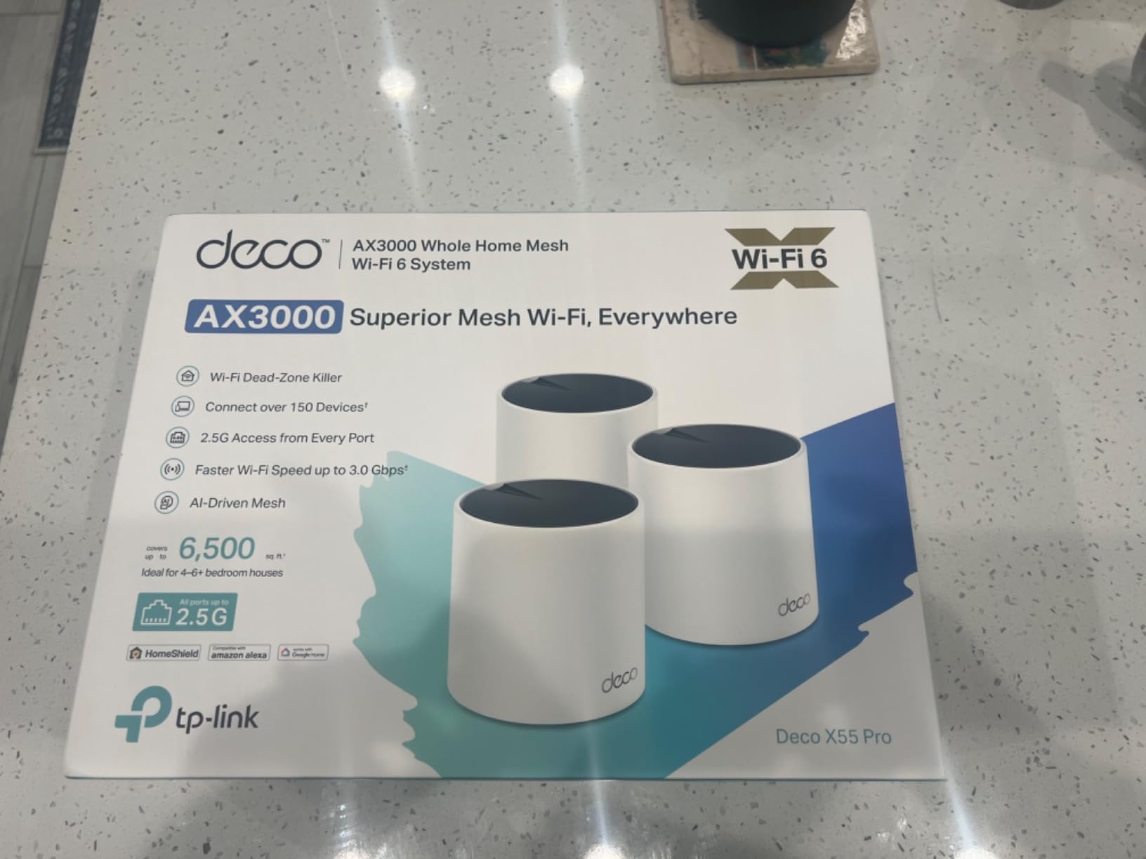 TP-Link Deco X55 Pro AX3000 Whole Home Wi-Fi 6 Mesh System - Coverage up to 6500 Sq.Ft & up to 150 Devices, 2x2.5G WAN/LAN Ports, 4 Streams, Wired Ethernet Backhaul, Ideal for 1Gig+ Internet, 3-Pack customer photo 1