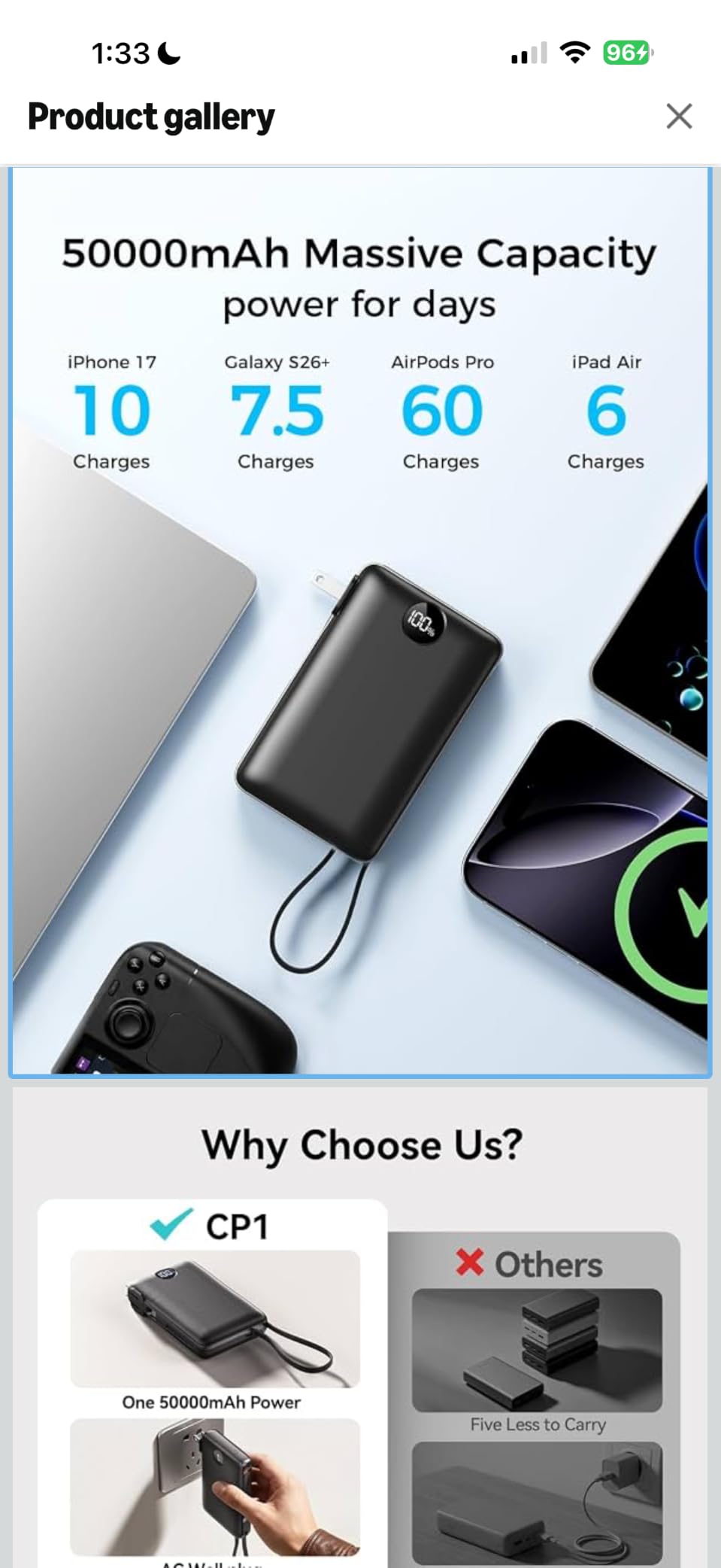 Portable Charger Power Bank 50000mAh Massive Capacity with Wall Plug Black | Built-in USB-C & iOS Cables, 22.5W Fast Charging Battery Pack with LED Display, Travel Essential for Camping, iPhone/Samsung customer photo 2