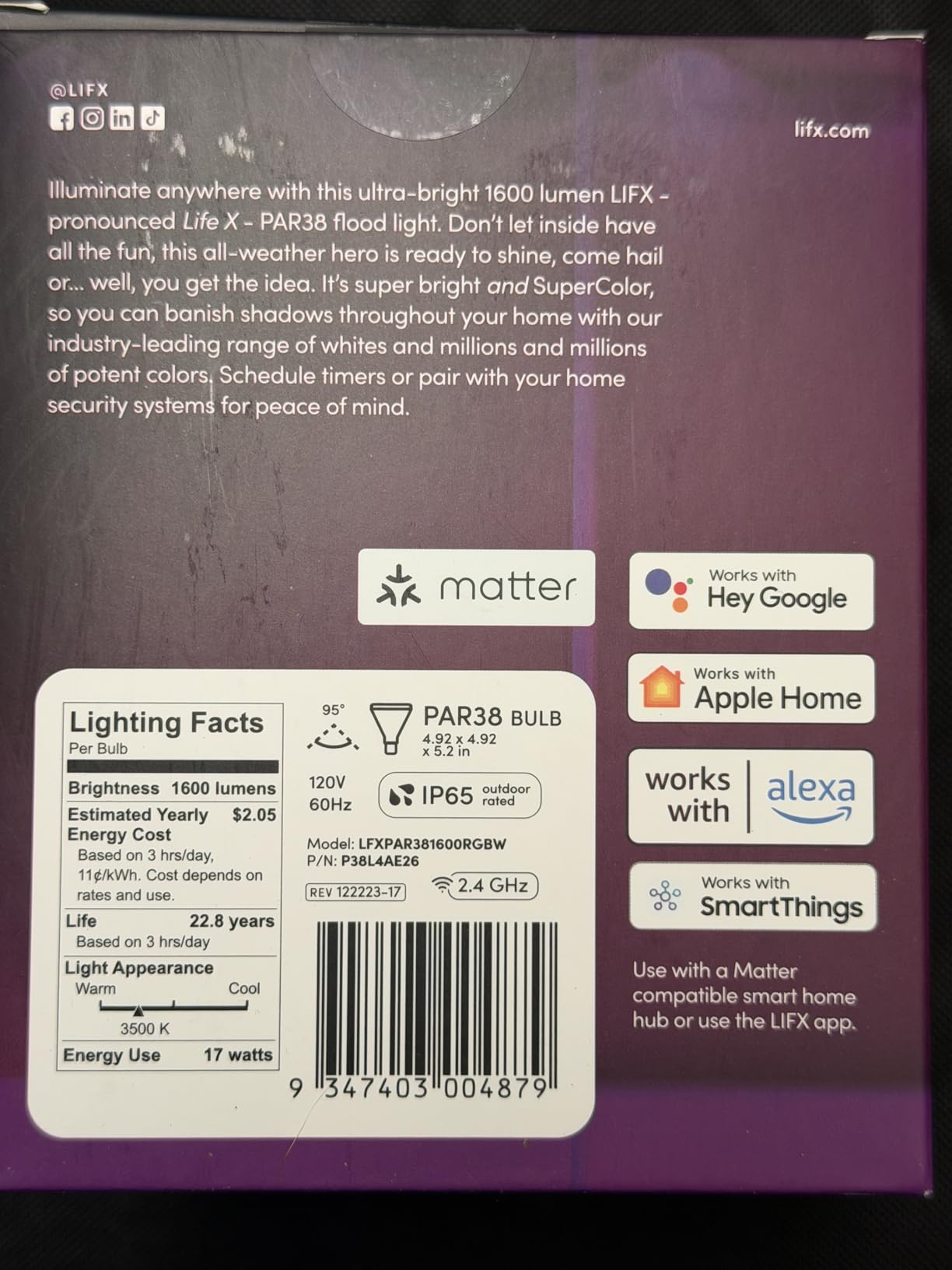 LIFX Smart Flood Light Bulb PAR38 E26 (1 Pack), Color Changing RGB + Warm White 1600 Lumens 150W Equivalent Tunable LED, 90+ CRI, Matter Compatible, Apple HomeKit, Alexa & Google Home Dimmable customer photo 2