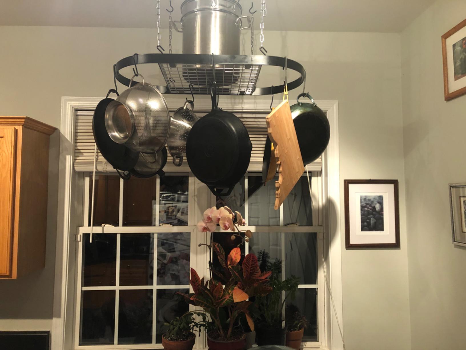 Kinetic Pot and Pan Rack with Ceiling Hooks - Premium Oval Mounted Oragnizer Rack with Multi Purpose Kitchen Organization and Storage for Home, Restaurant, Cookware, Utensils (Hanging Black) customer photo 2