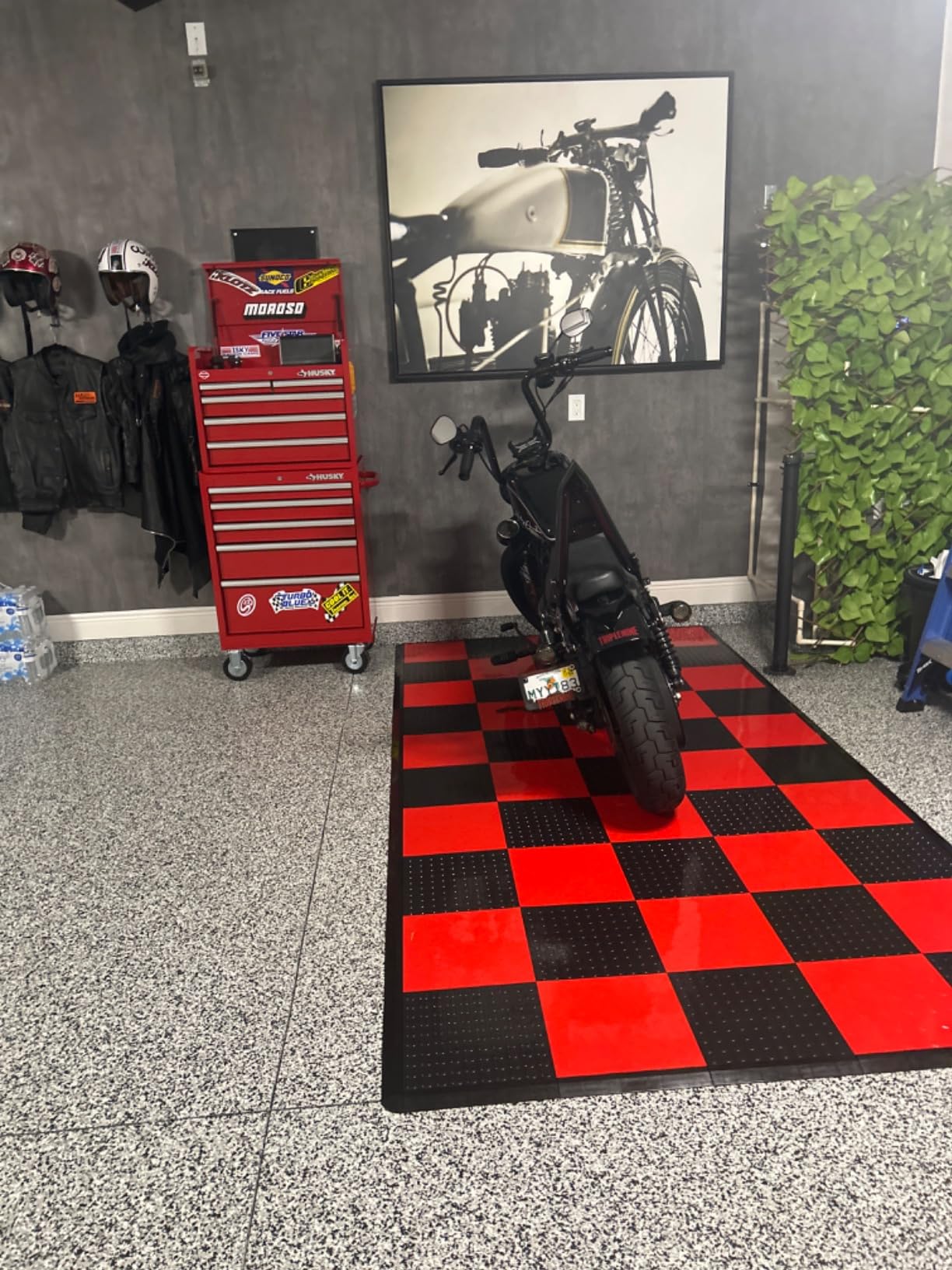 IncStores ⅜ Inch Thick Nitro Interlocking Garage Floor Tiles | Plastic Floor Tile Set for Parking, Protecting, and Displaying Motorcycles | 12